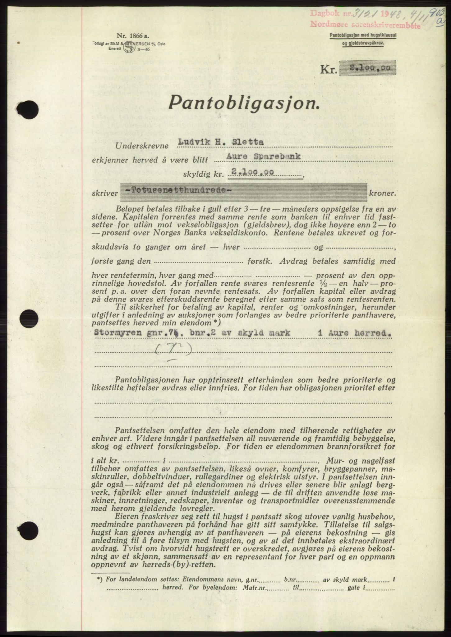 Nordmøre sorenskriveri, AV/SAT-A-4132/1/2/2Ca: Pantebok nr. B99, 1948-1948, Dagboknr: 3121/1948