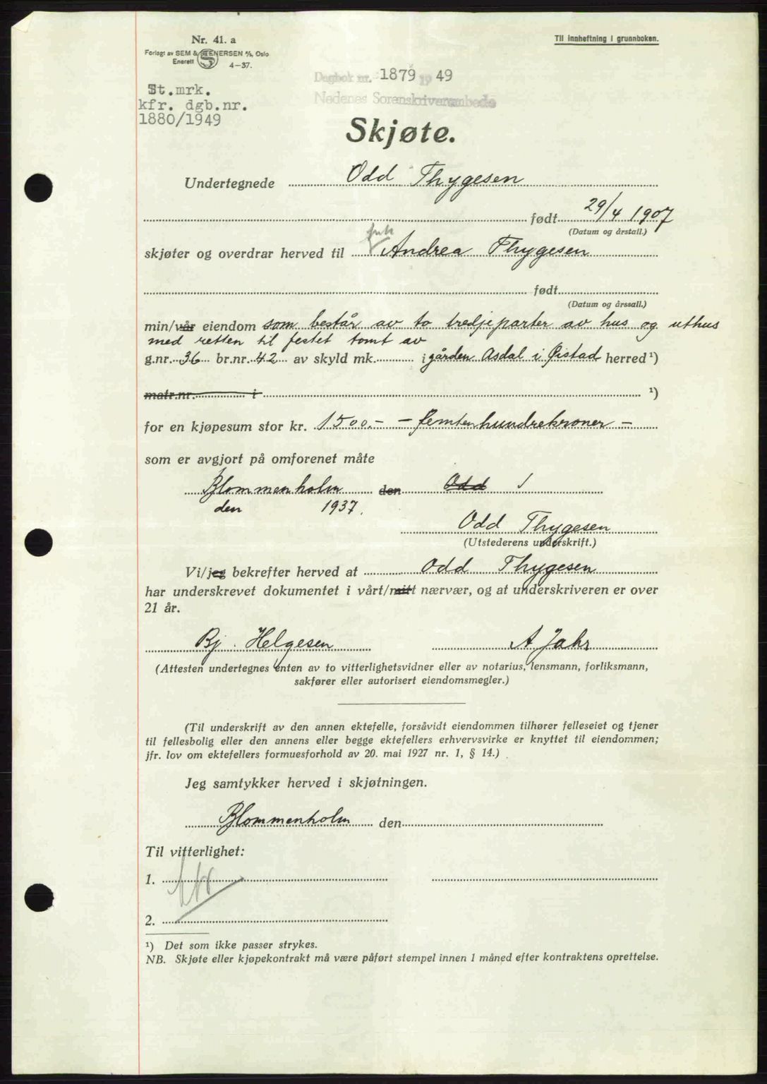 Nedenes sorenskriveri, AV/SAK-1221-0006/G/Gb/Gba/L0061: Pantebok nr. A13, 1949-1949, Dagboknr: 1879/1949
