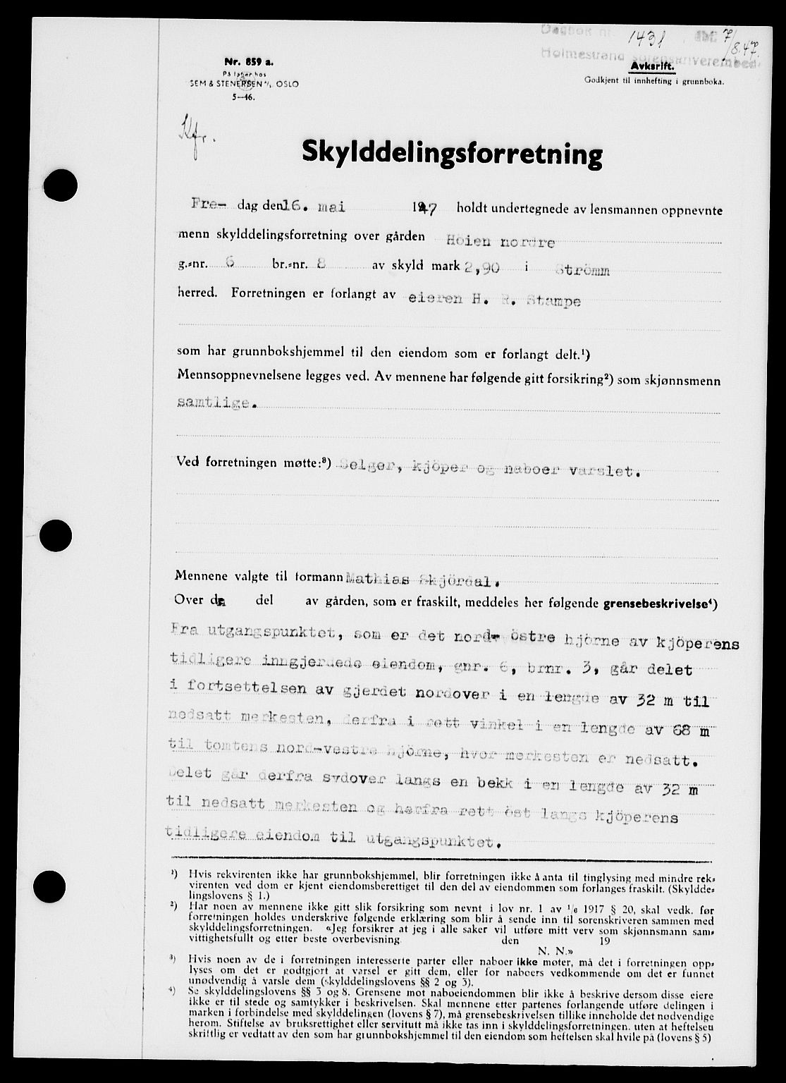 Holmestrand sorenskriveri, SAKO/A-67/G/Ga/Gaa/L0062: Pantebok nr. A-62, 1947-1947, Dagboknr: 1431/1947