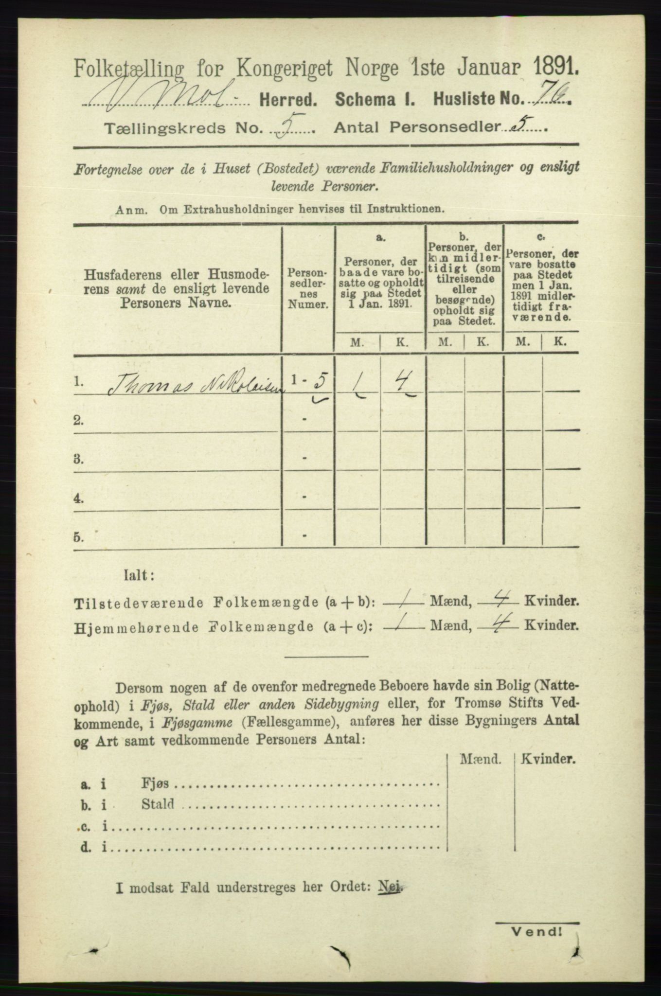 RA, Folketelling 1891 for 0926 Vestre Moland herred, 1891, s. 1836