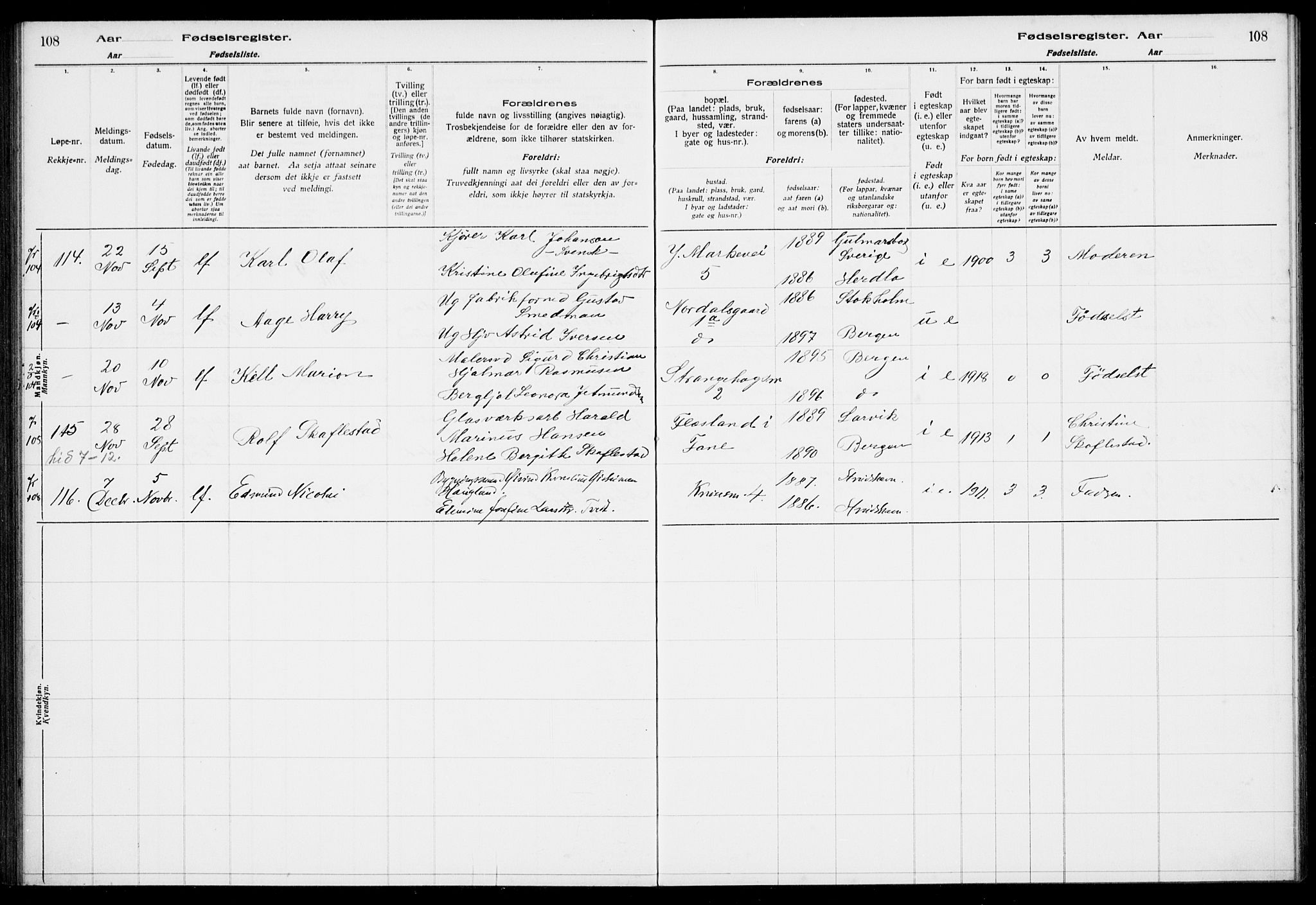 Nykirken Sokneprestembete, AV/SAB-A-77101/I/Id/L00A1: Fødselsregister nr. A 1, 1916-1922, s. 108