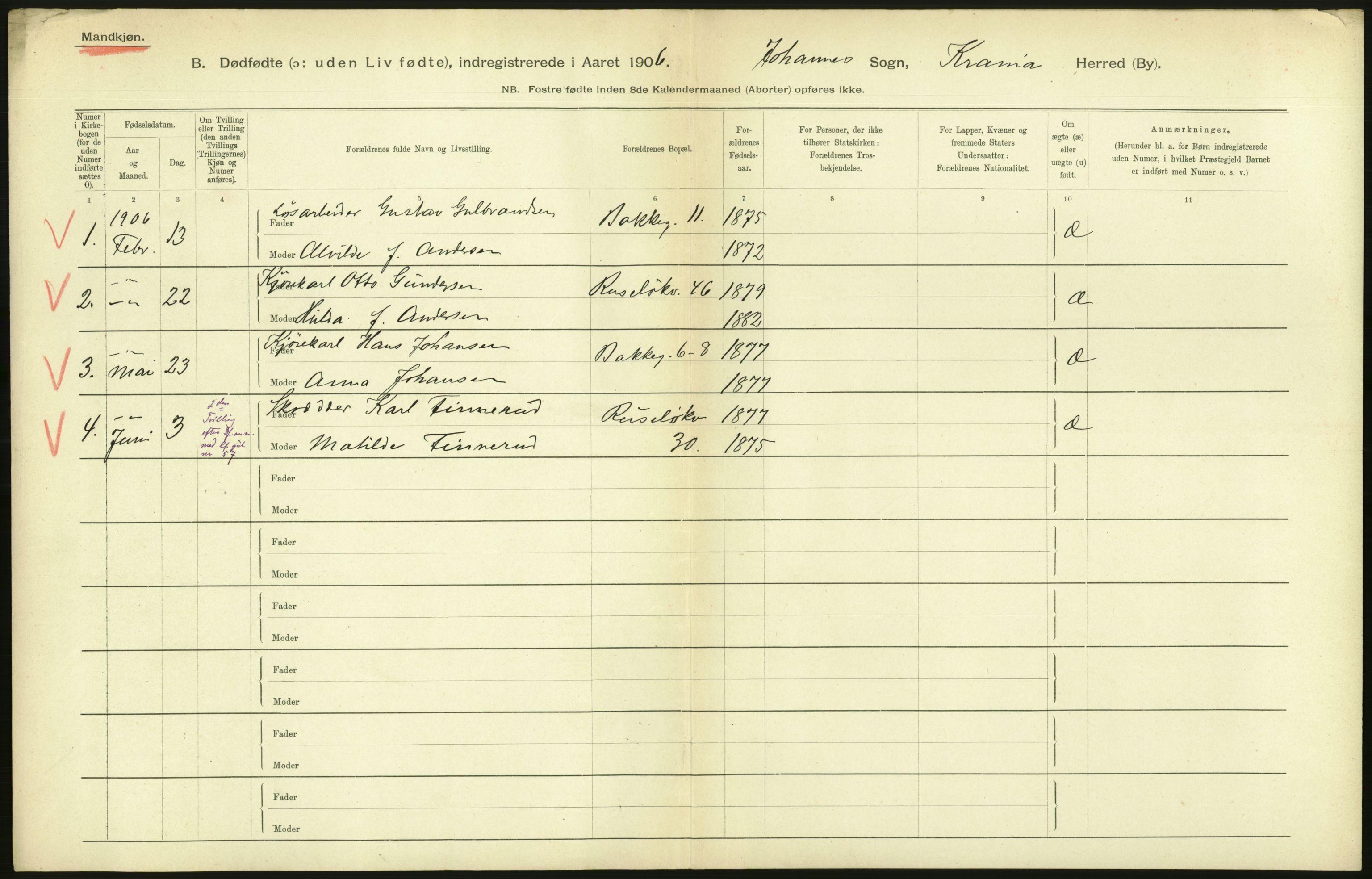 Statistisk sentralbyrå, Sosiodemografiske emner, Befolkning, AV/RA-S-2228/D/Df/Dfa/Dfad/L0010: Kristiania: Døde, dødfødte, 1906, s. 86