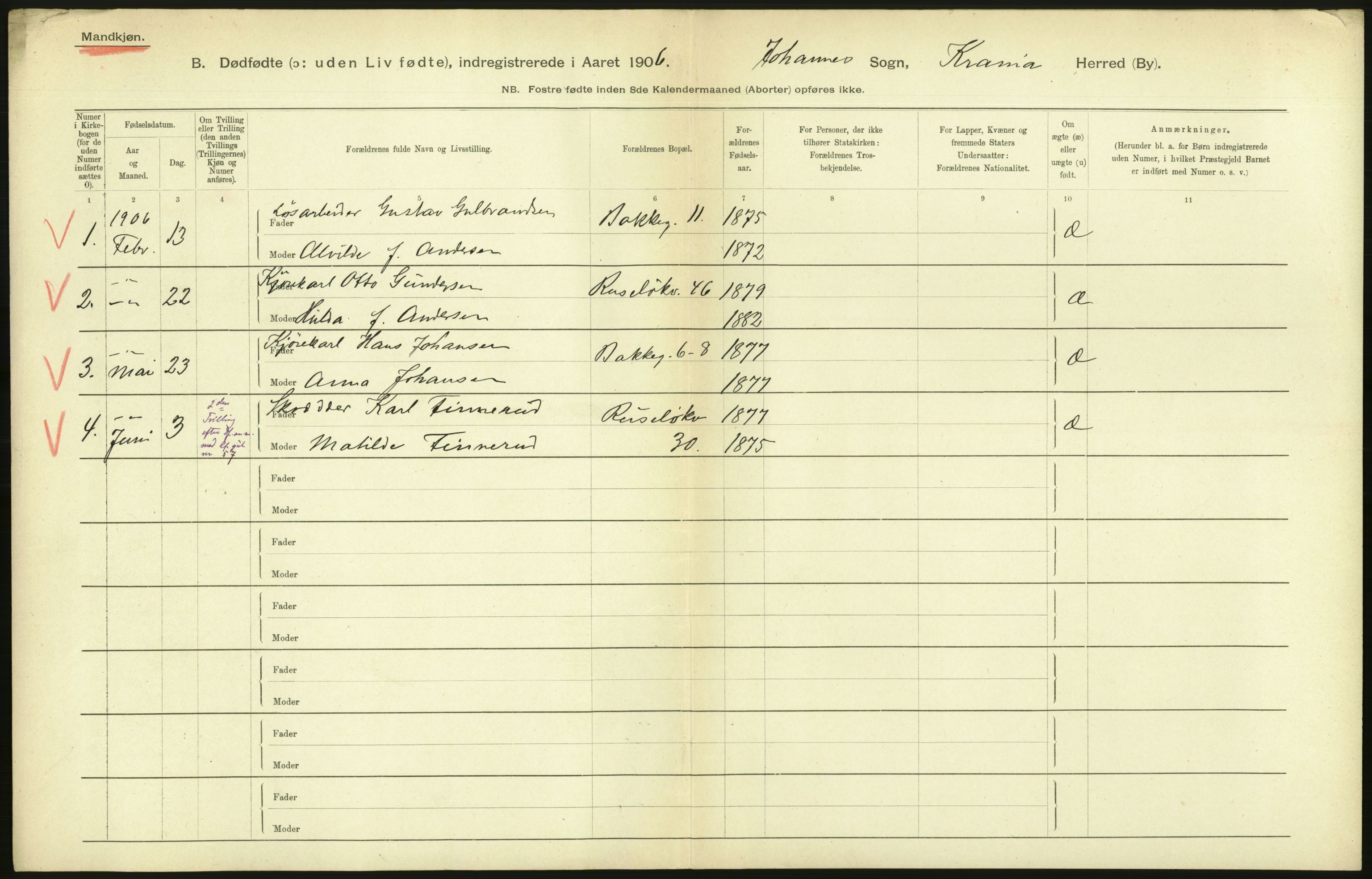 Statistisk sentralbyrå, Sosiodemografiske emner, Befolkning, AV/RA-S-2228/D/Df/Dfa/Dfad/L0010: Kristiania: Døde, dødfødte, 1906, s. 86