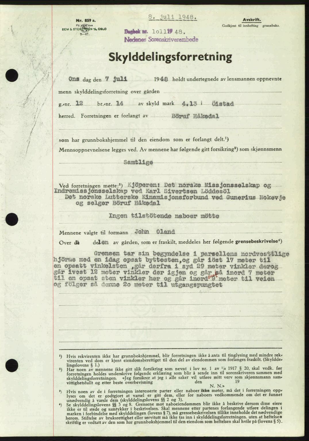 Nedenes sorenskriveri, SAK/1221-0006/G/Gb/Gba/L0059: Pantebok nr. A11, 1948-1948, Dagboknr: 1011/1948