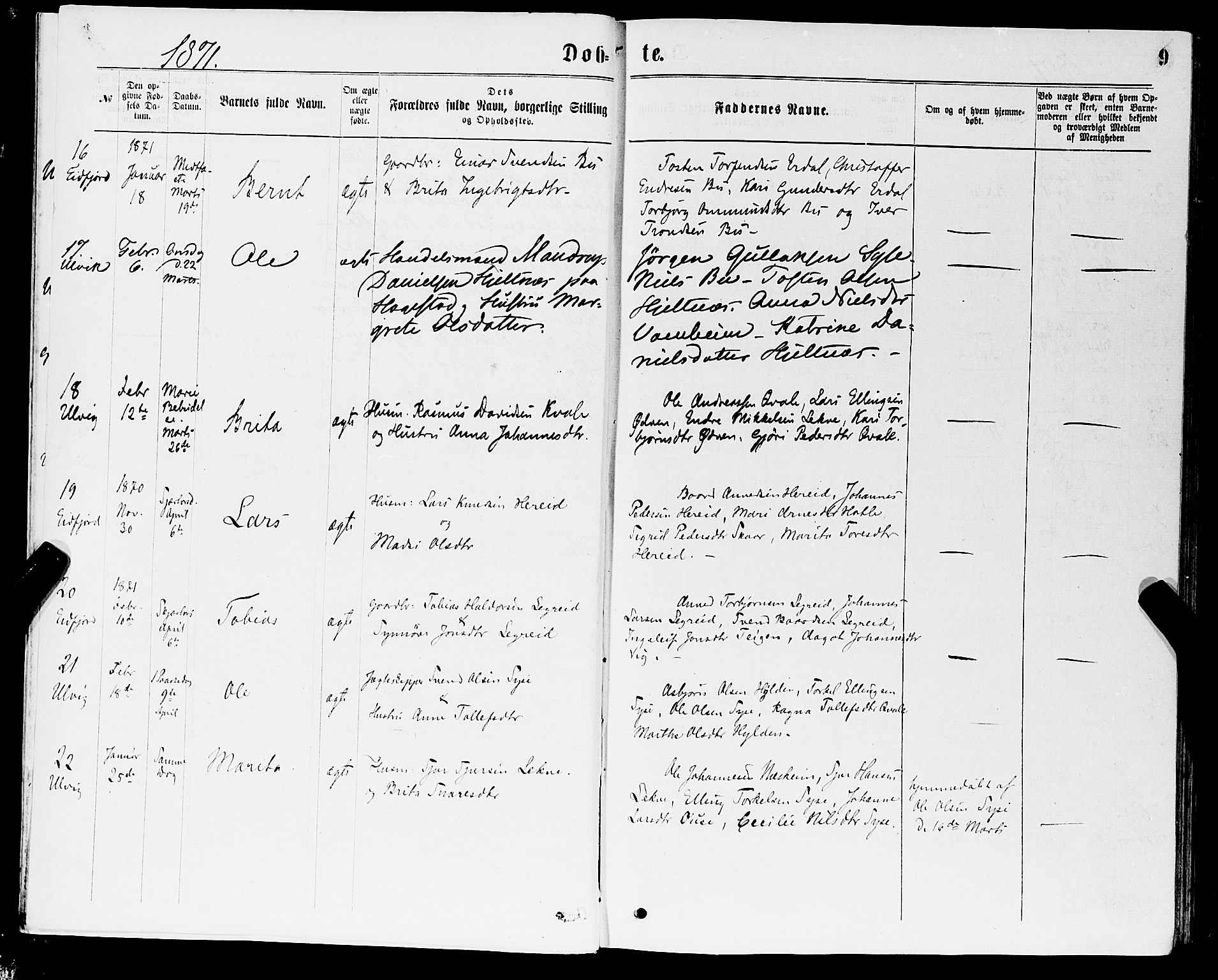 Ulvik sokneprestembete, AV/SAB-A-78801/H/Haa: Ministerialbok nr. A 16, 1870-1878, s. 9