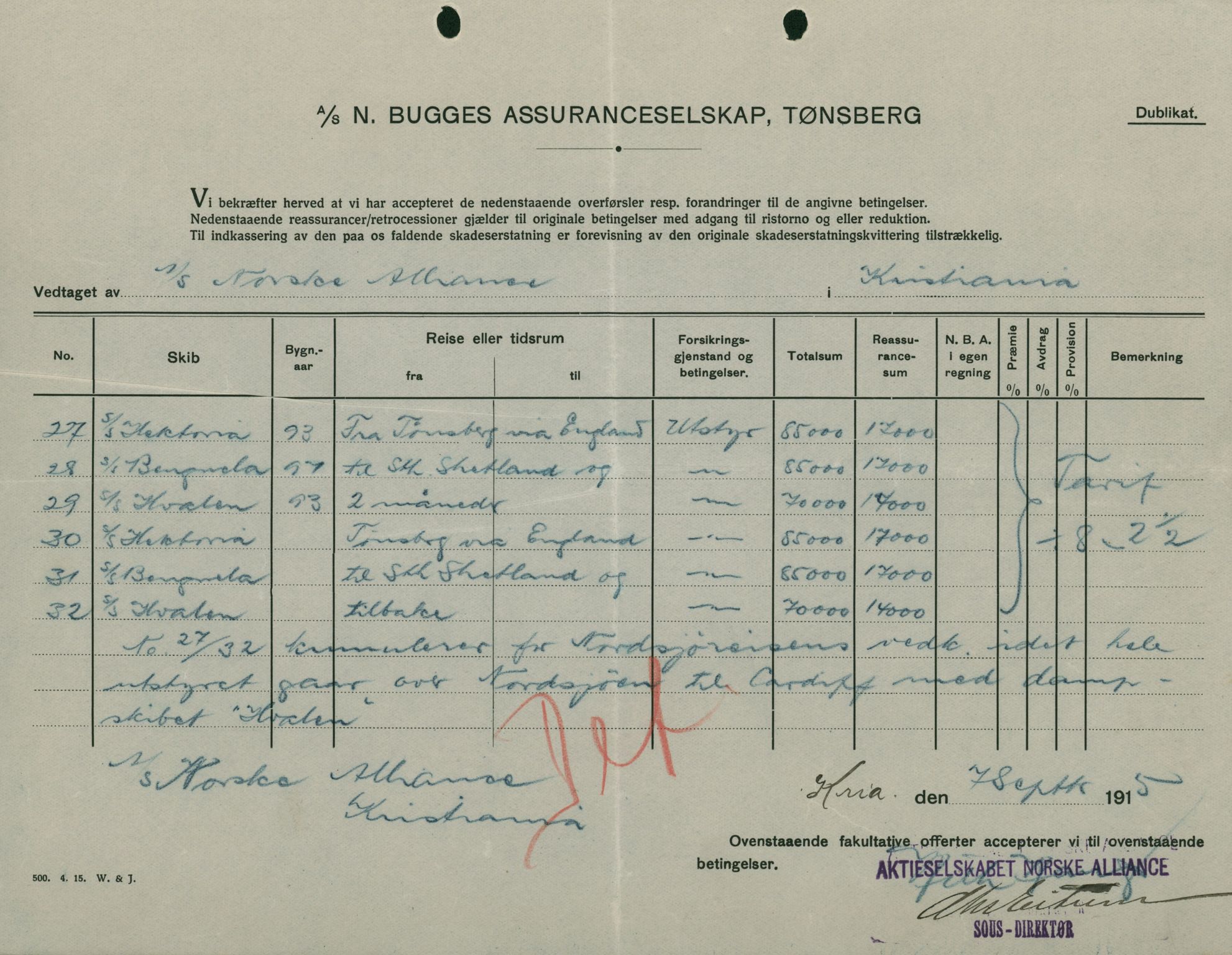 Pa 664 - Tønsberg Sjøforsikringsselskap, VEMU/A-1773/F/L0001: Forsikringspoliser, 1915-1918