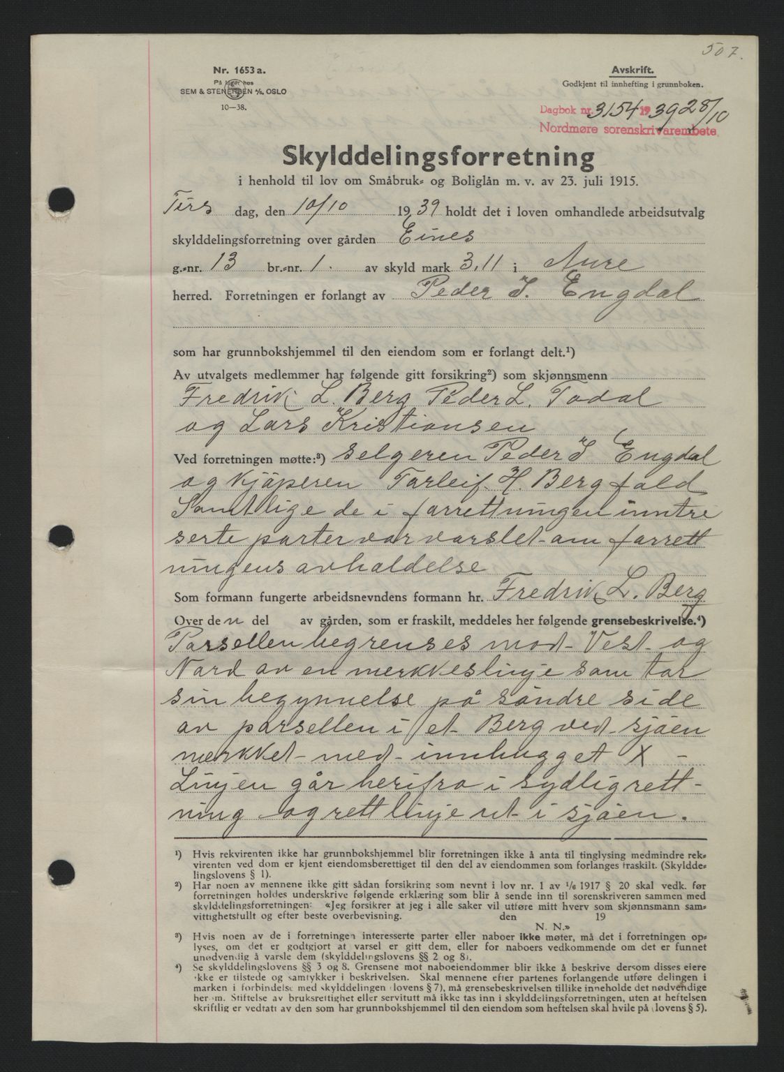 Nordmøre sorenskriveri, SAT/A-4132/1/2/2Ca: Pantebok nr. A87, 1939-1940, Dagboknr: 3154/1939