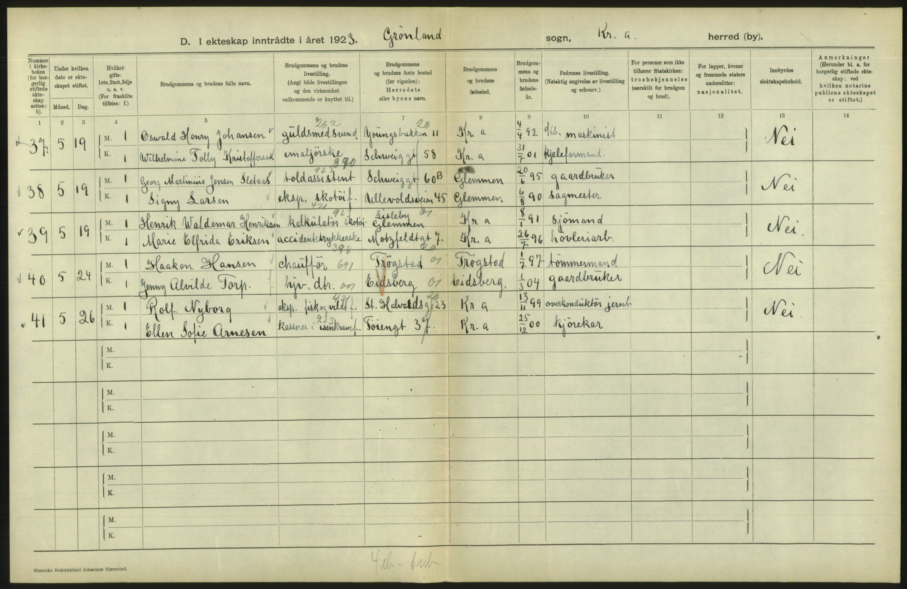 Statistisk sentralbyrå, Sosiodemografiske emner, Befolkning, AV/RA-S-2228/D/Df/Dfc/Dfcc/L0008: Kristiania: Gifte, 1923, s. 782