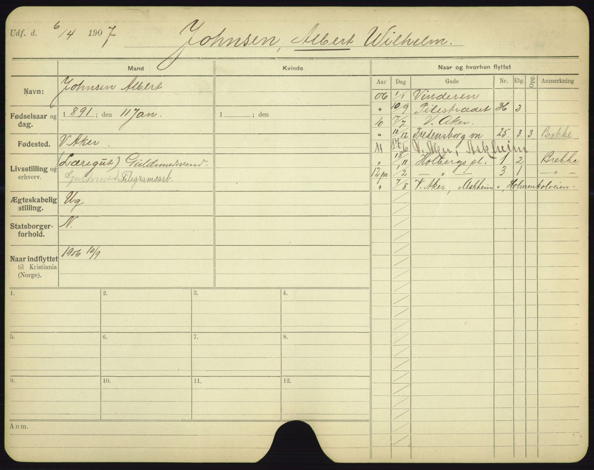 Oslo folkeregister, Registerkort, SAO/A-11715/F/Fa/Fac/L0005: Menn, 1906-1914, s. 853a