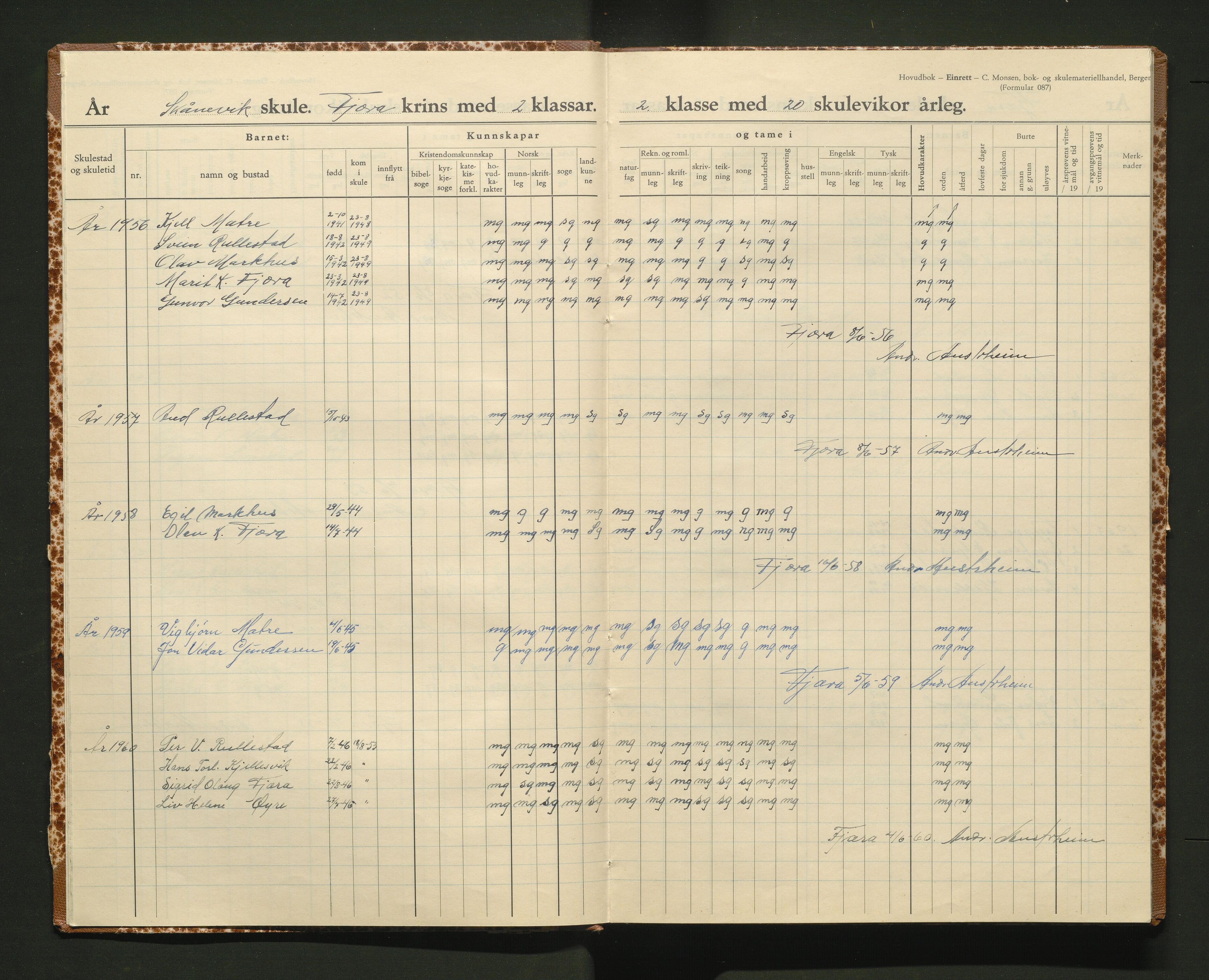 Etne kommune. Barneskulane, IKAH/1211-231/F/Fg/L0001: Skuleprotokoll for Fjæra skulekrins , 1948-1966