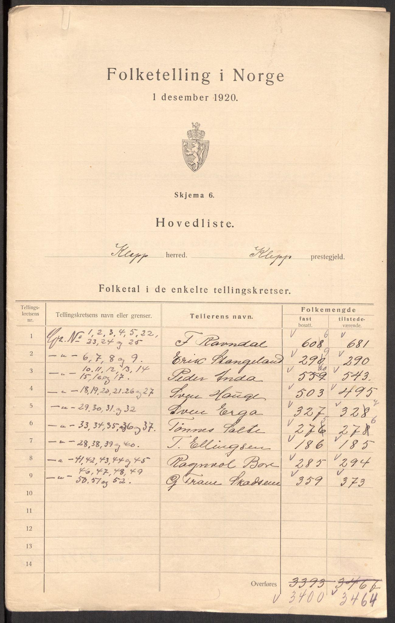 SAST, Folketelling 1920 for 1120 Klepp herred, 1920, s. 4