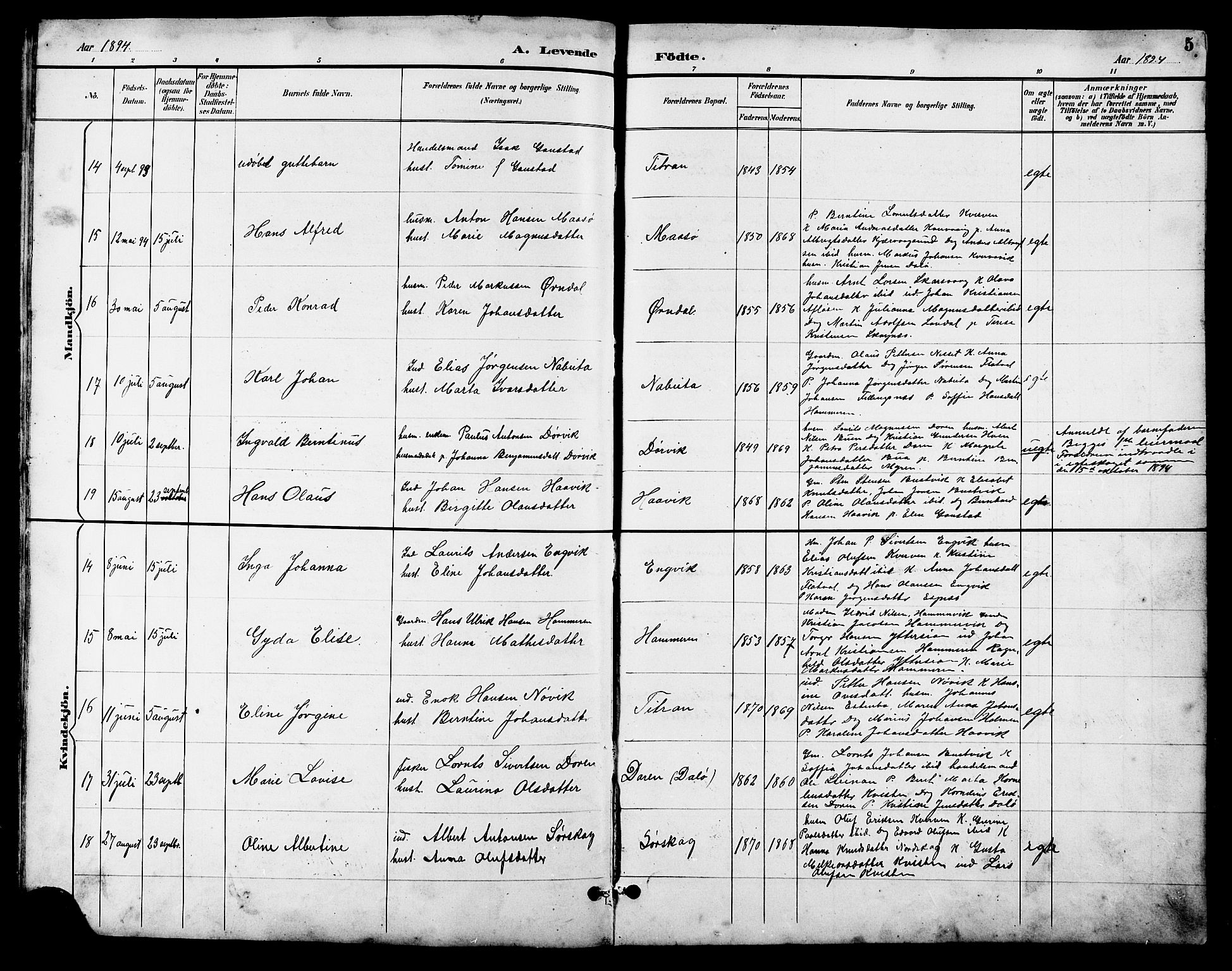 Ministerialprotokoller, klokkerbøker og fødselsregistre - Sør-Trøndelag, SAT/A-1456/641/L0598: Klokkerbok nr. 641C02, 1893-1910, s. 5