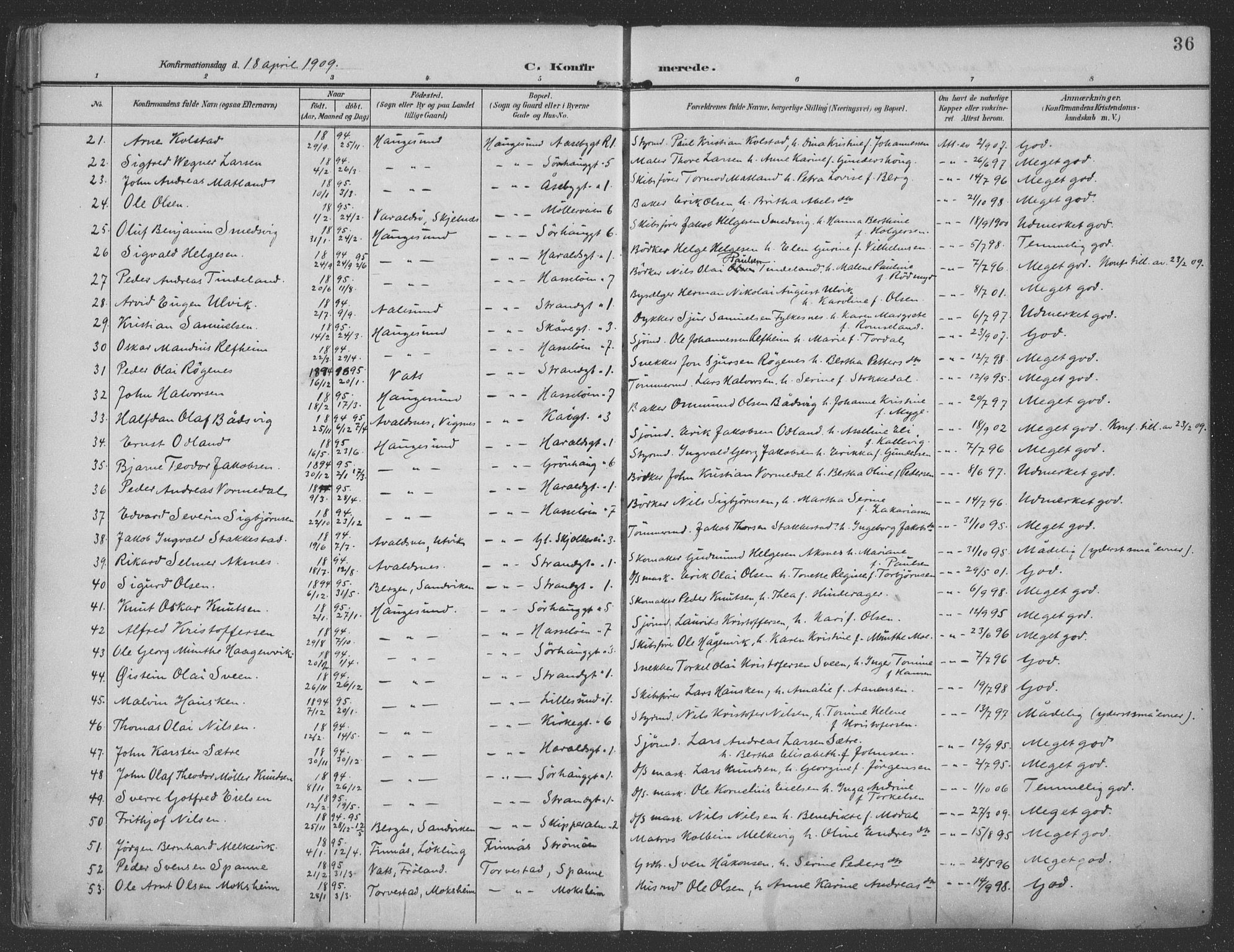 Haugesund sokneprestkontor, AV/SAST-A -101863/H/Ha/Haa/L0007: Ministerialbok nr. A 7, 1904-1916, s. 36