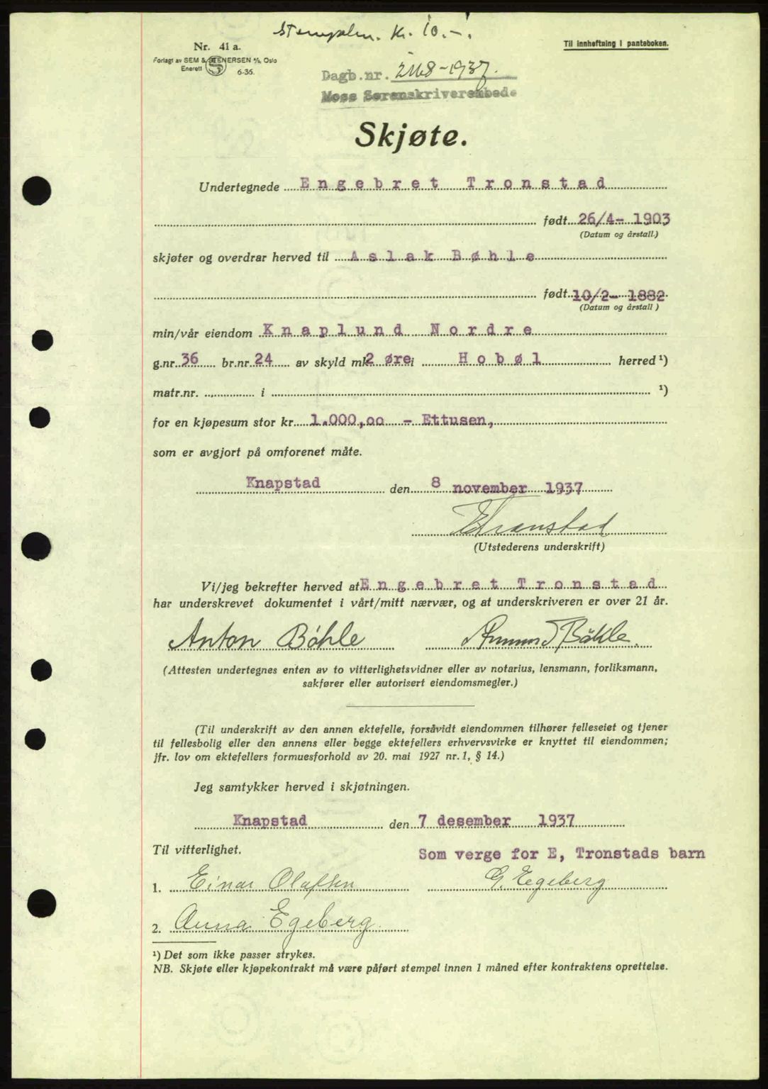 Moss sorenskriveri, SAO/A-10168: Pantebok nr. A3, 1937-1938, Dagboknr: 2168/1937
