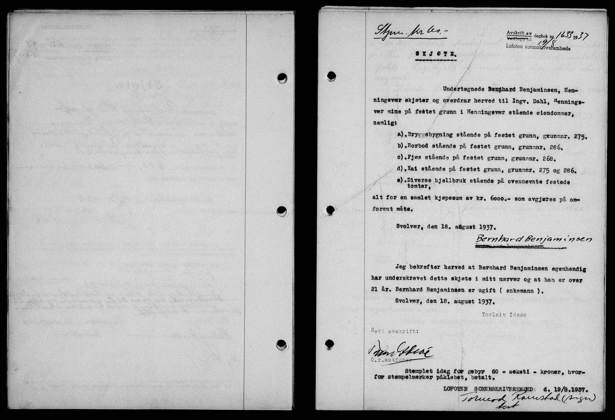 Lofoten sorenskriveri, SAT/A-0017/1/2/2C/L0002a: Pantebok nr. 2a, 1937-1937, Dagboknr: 1633/1937