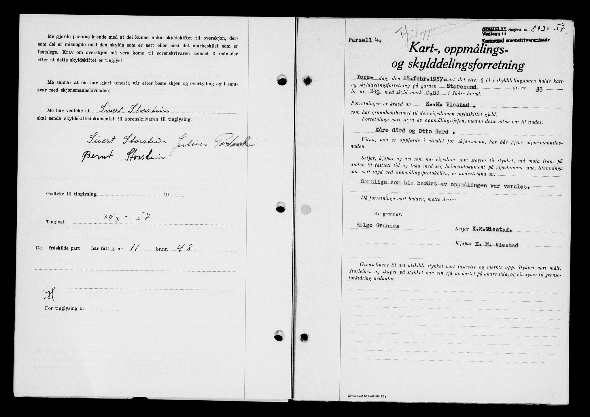 Karmsund sorenskriveri, SAST/A-100311/01/II/IIB/L0124: Pantebok nr. 104A, 1957-1957, Dagboknr: 893/1957