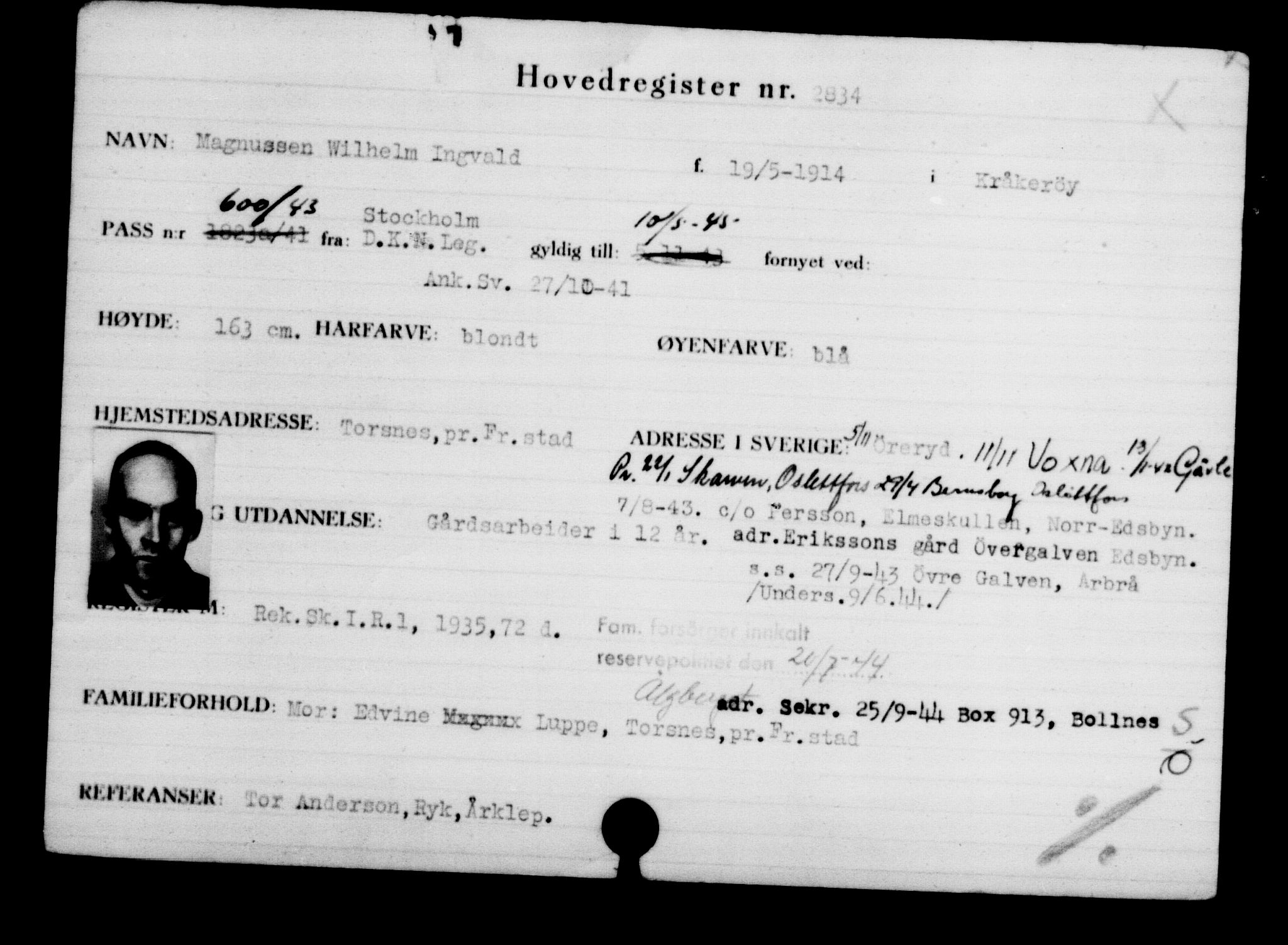 Utenriksstasjonene, Legasjonen i Stockholm, Flyktningkontoret, AV/RA-S-6753/V/Va/L0003: Kjesäterkartoteket, flyktninger med registreringsnr. 2001-3495, 1940-1945, s. 1231