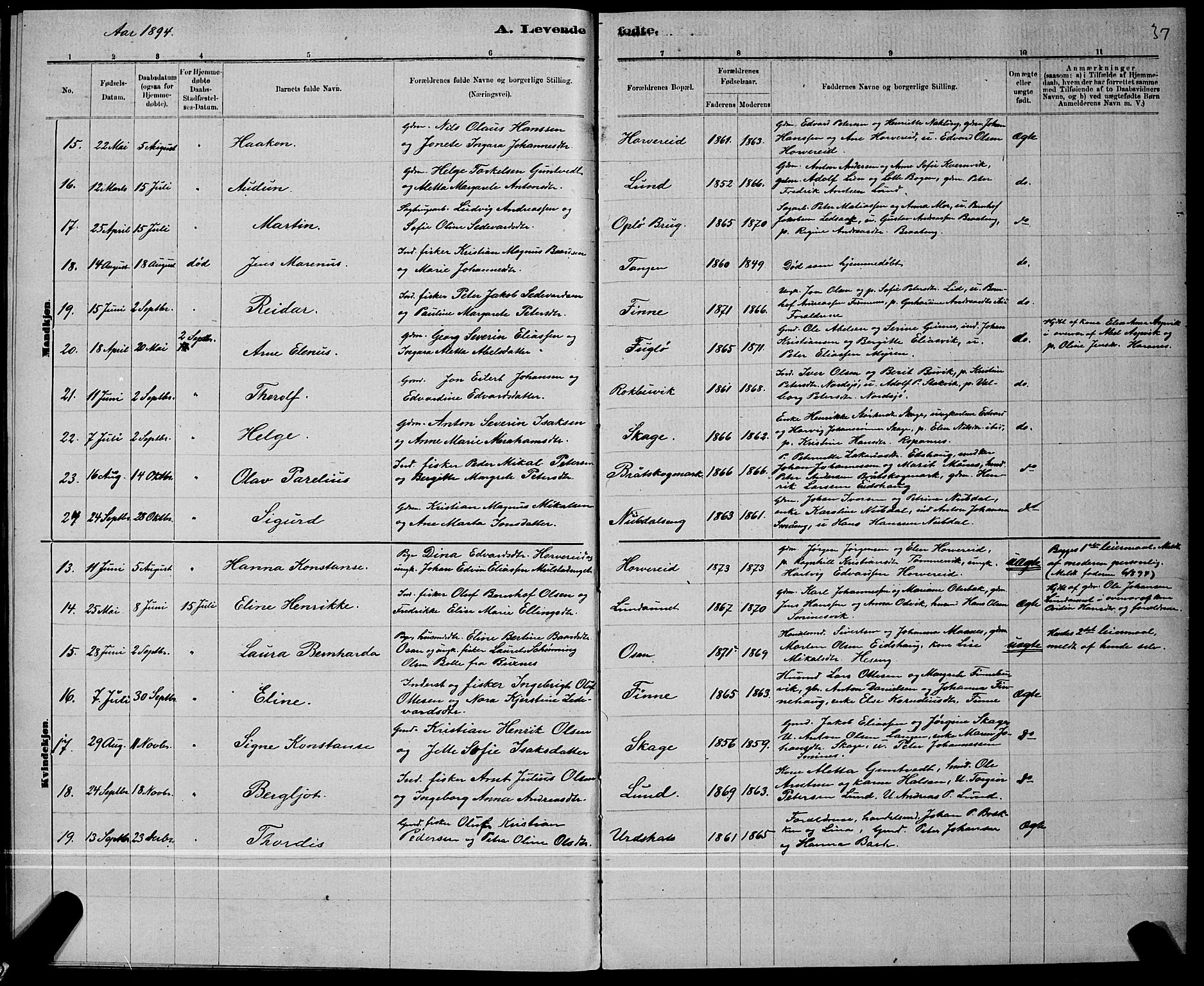 Ministerialprotokoller, klokkerbøker og fødselsregistre - Nord-Trøndelag, AV/SAT-A-1458/780/L0651: Klokkerbok nr. 780C03, 1884-1898, s. 37