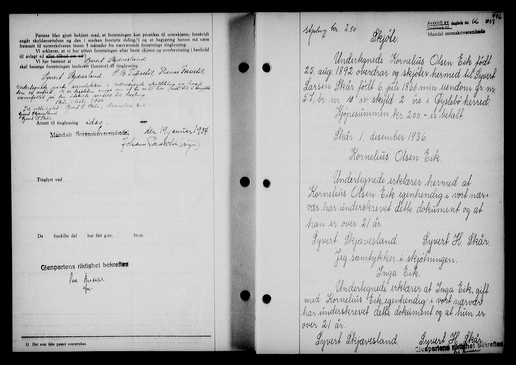 Mandal sorenskriveri, SAK/1221-0005/001/G/Gb/Gba/L0070: Pantebok nr. A-7, 1936-1937, Dagboknr: 66/1937
