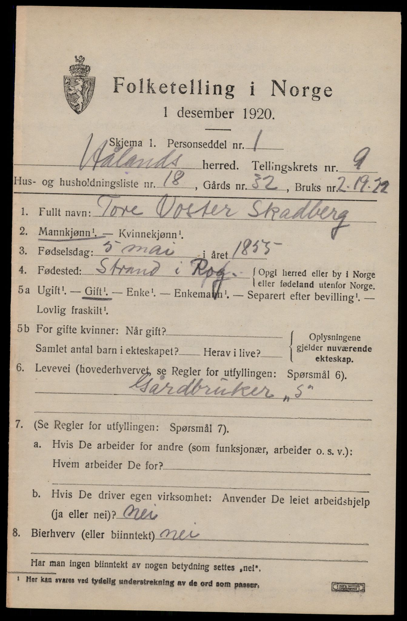 SAST, Folketelling 1920 for 1124 Håland herred, 1920, s. 7157