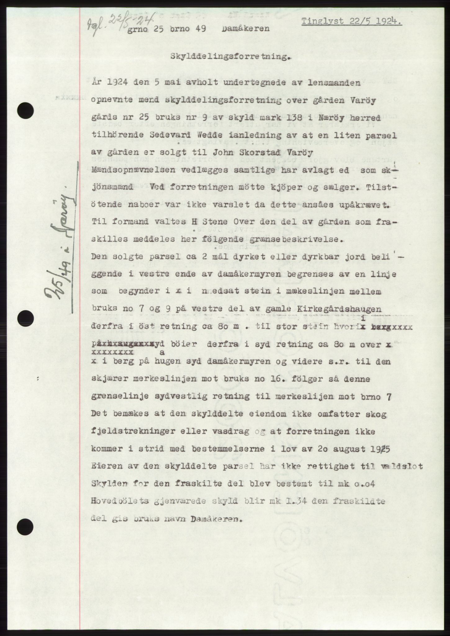 Namdal sorenskriveri, SAT/A-4133/1/2/2C: Pantebok nr. -, 1922-1925, Tingl.dato: 22.05.1924