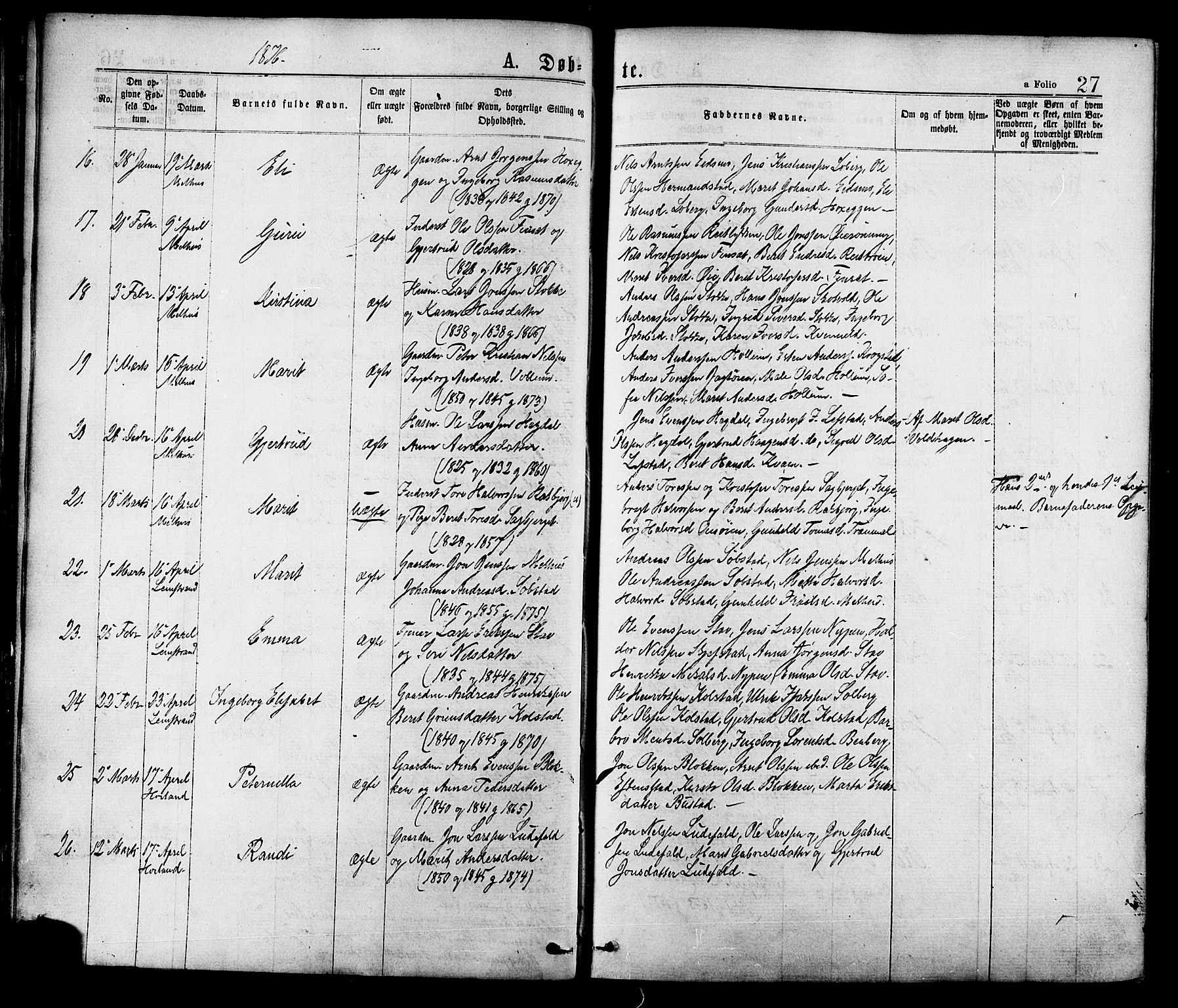 Ministerialprotokoller, klokkerbøker og fødselsregistre - Sør-Trøndelag, SAT/A-1456/691/L1079: Ministerialbok nr. 691A11, 1873-1886, s. 27