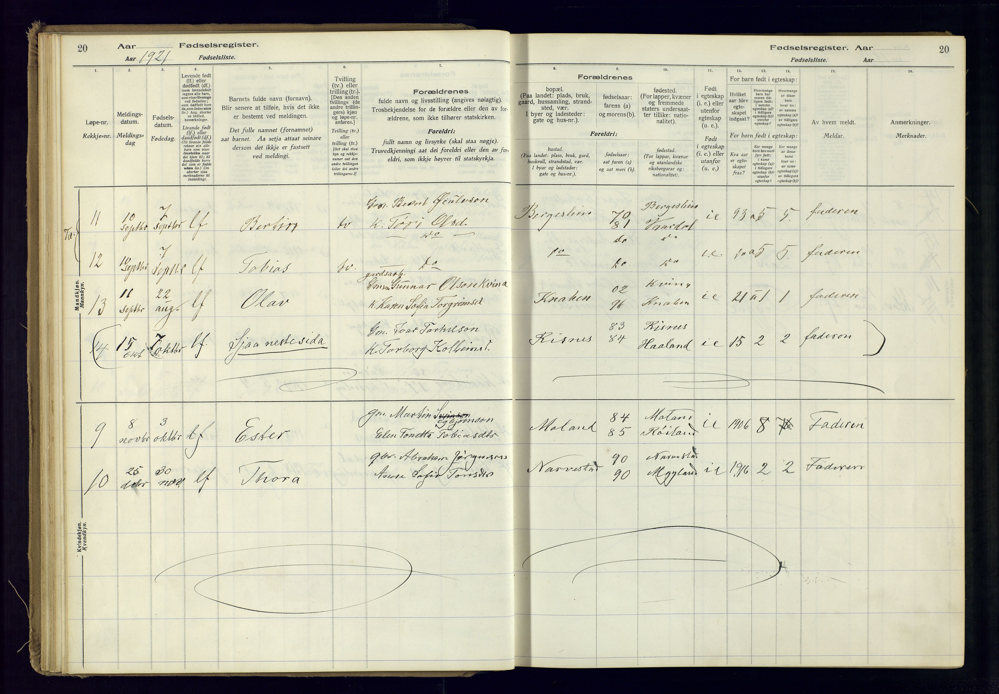 Fjotland sokneprestkontor, AV/SAK-1111-0010/J/Ja/L0001: Fødselsregister nr. 1, 1916-1981, s. 20