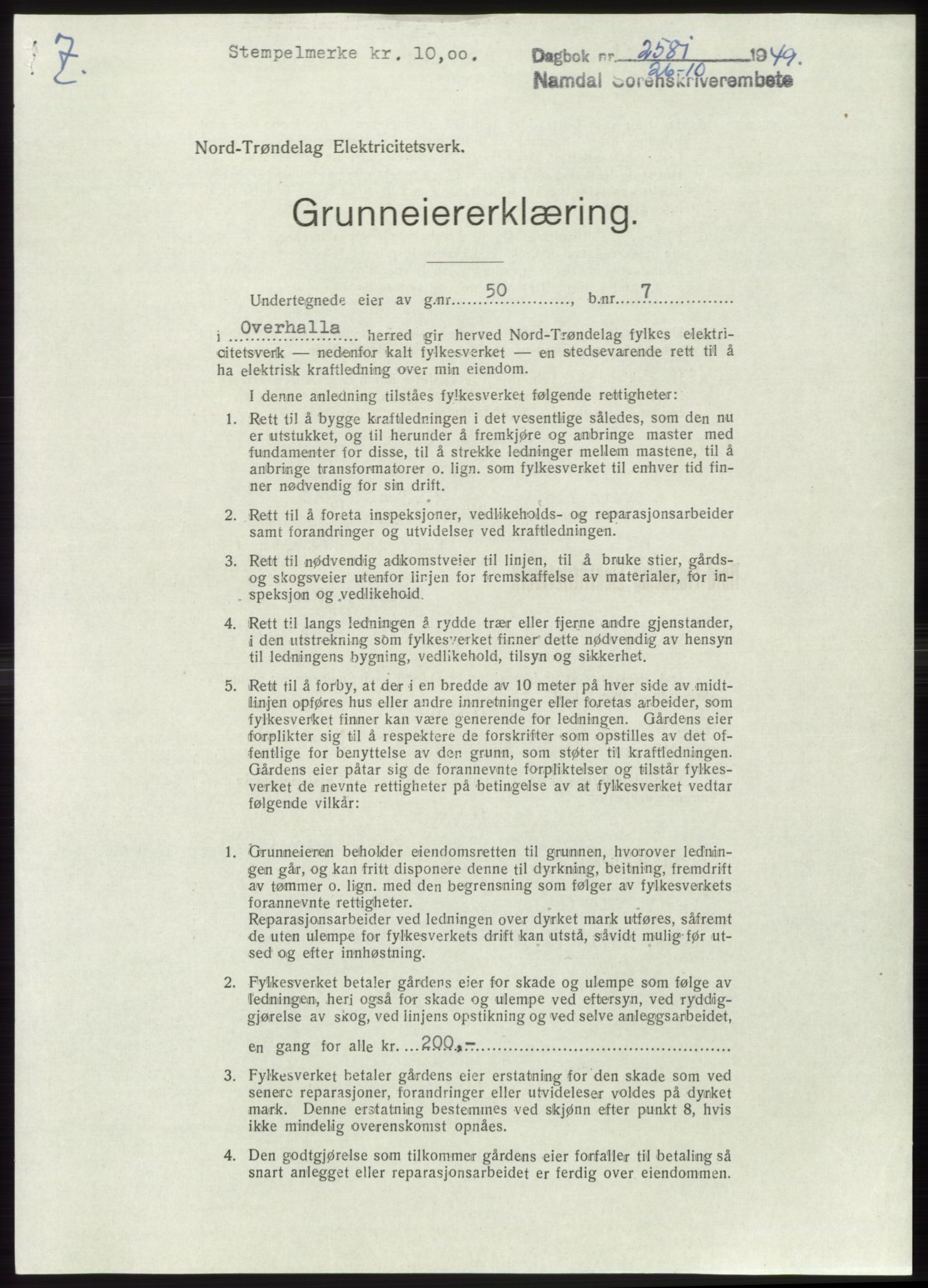 Namdal sorenskriveri, SAT/A-4133/1/2/2C: Pantebok nr. -, 1949-1949, Dagboknr: 2581/1949