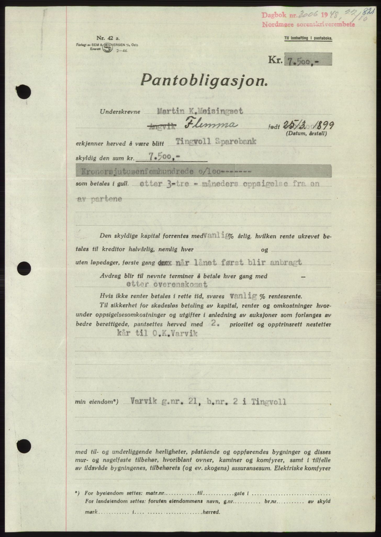 Nordmøre sorenskriveri, SAT/A-4132/1/2/2Ca: Pantebok nr. B99, 1948-1948, Dagboknr: 3006/1948