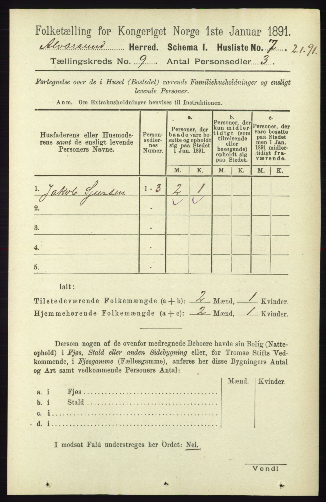 RA, Folketelling 1891 for 1257 Alversund herred, 1891, s. 3043