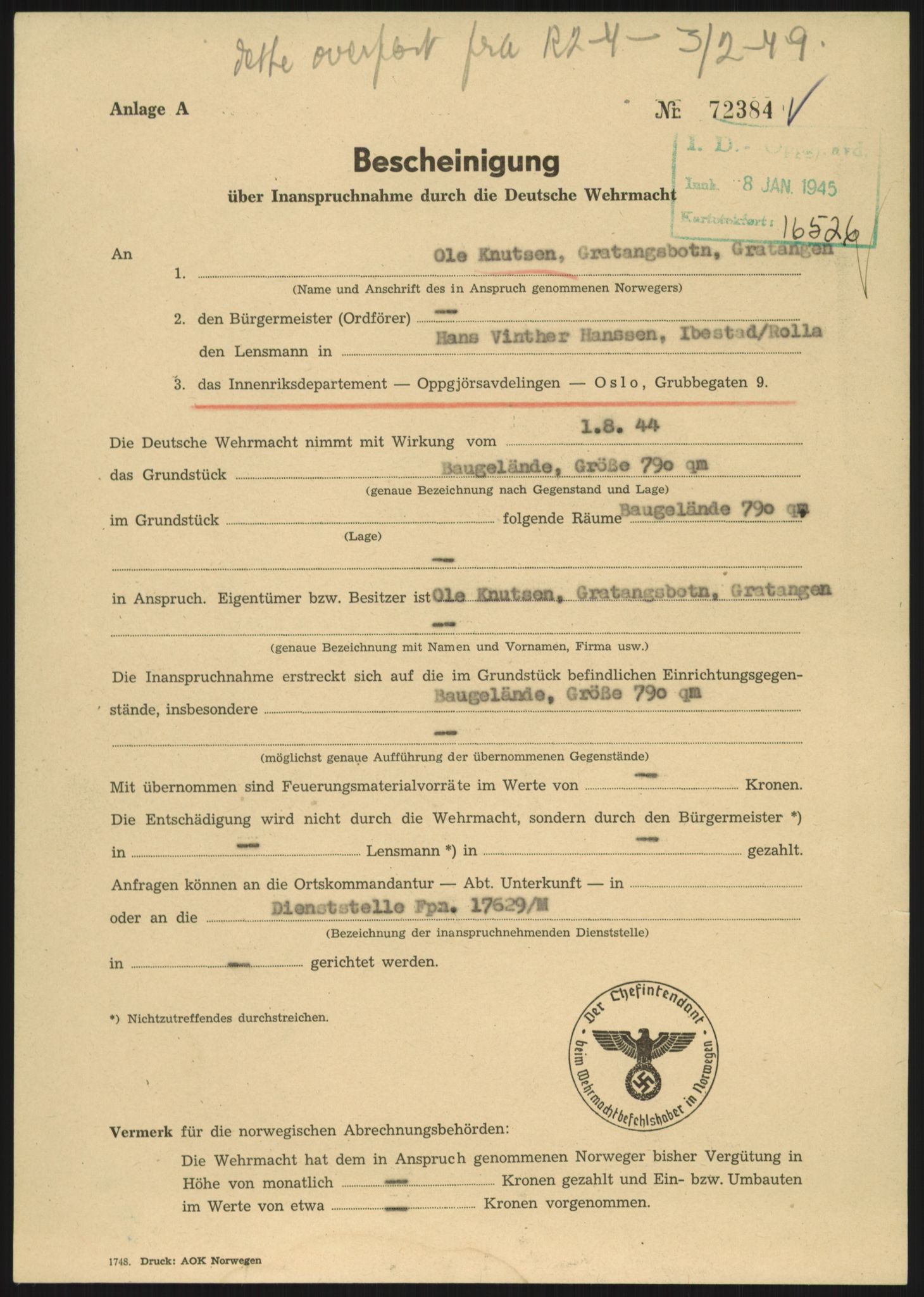 Forsvarsdepartementet, 10. kontor / Oppgjørskontoret, RA/RAFA-1225/D/Dd/L0479: Troms, 1941-1956, s. 857