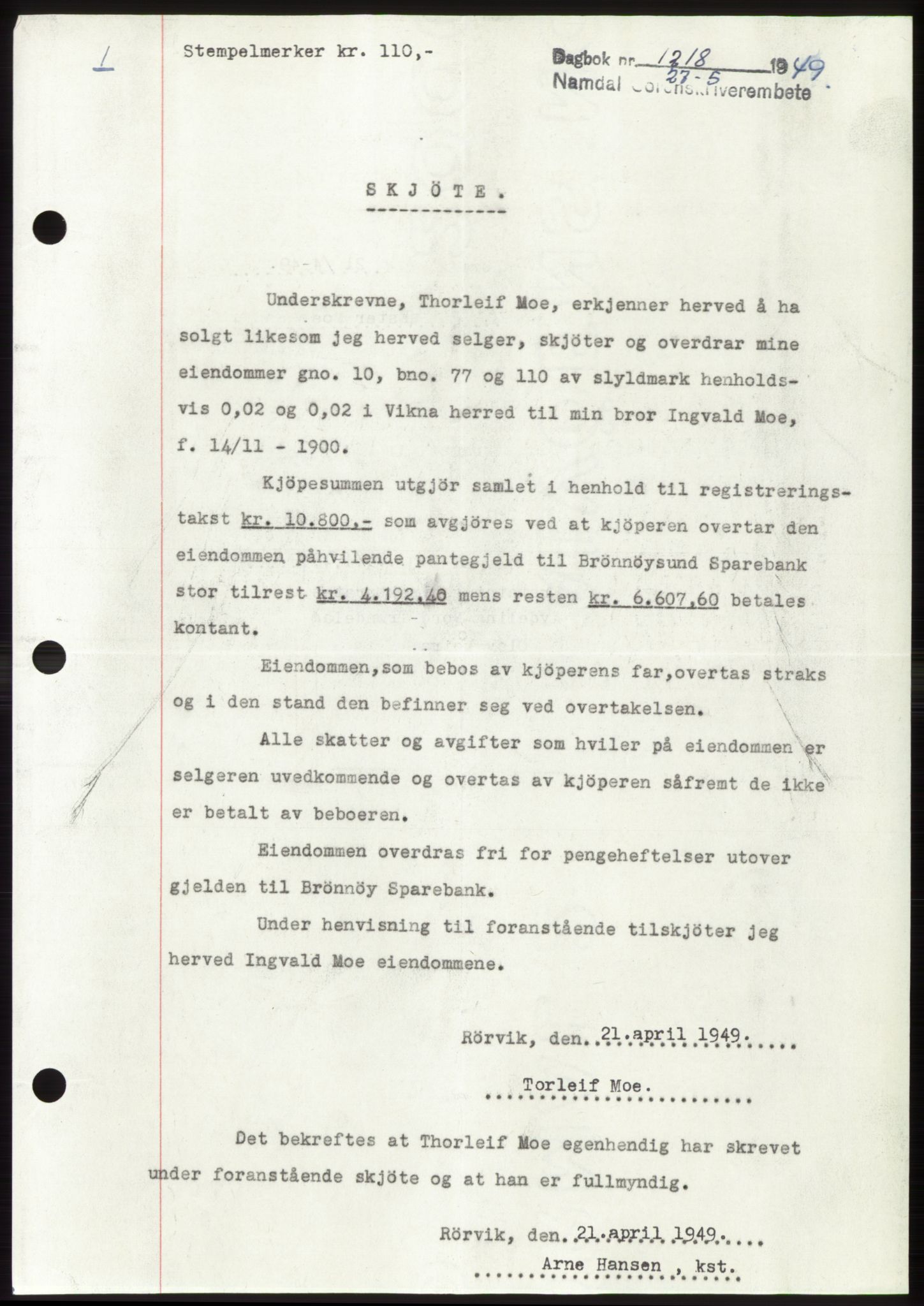 Namdal sorenskriveri, SAT/A-4133/1/2/2C: Pantebok nr. -, 1949-1949, Dagboknr: 1218/1949