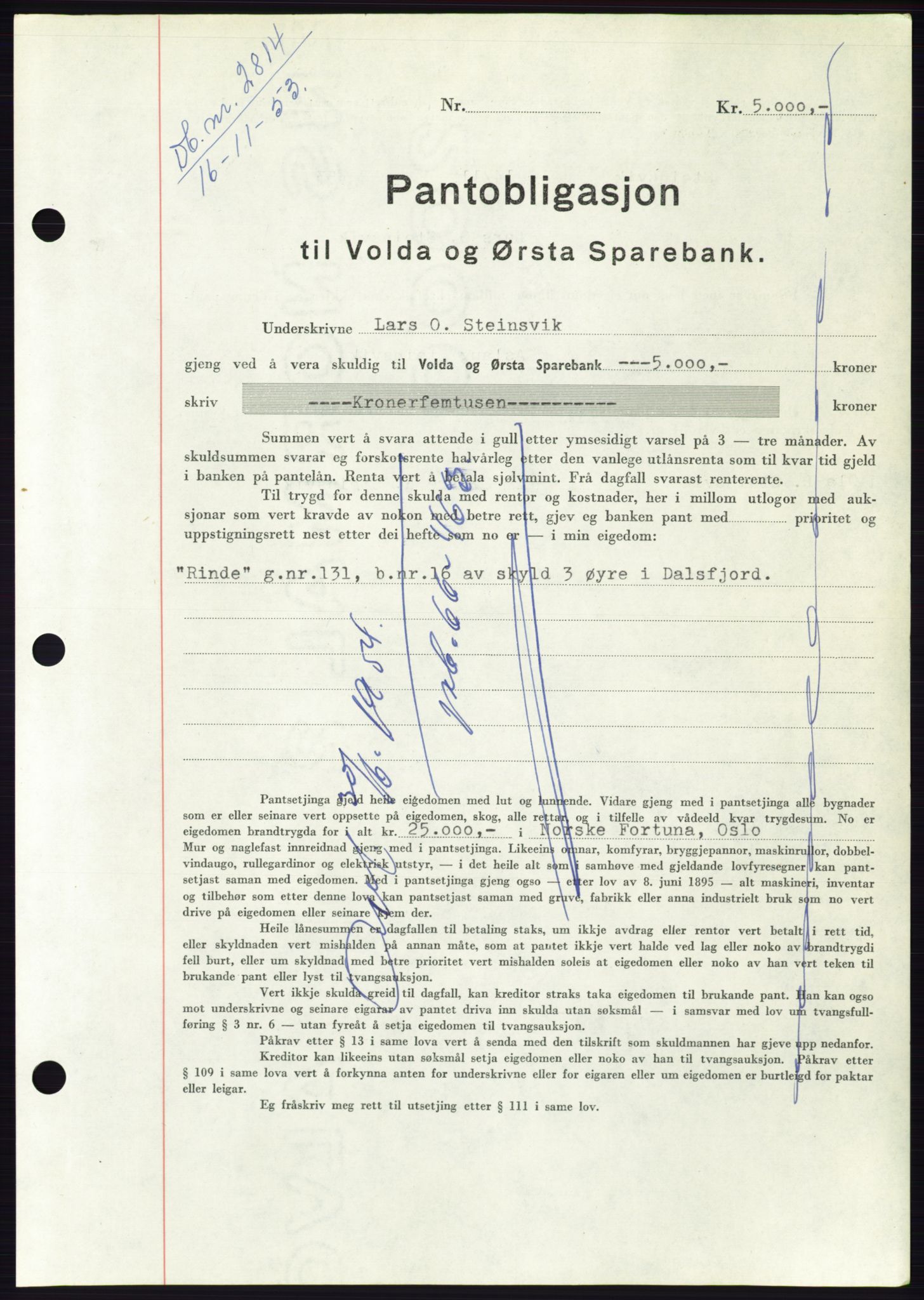 Søre Sunnmøre sorenskriveri, AV/SAT-A-4122/1/2/2C/L0124: Pantebok nr. 12B, 1953-1954, Dagboknr: 2814/1953