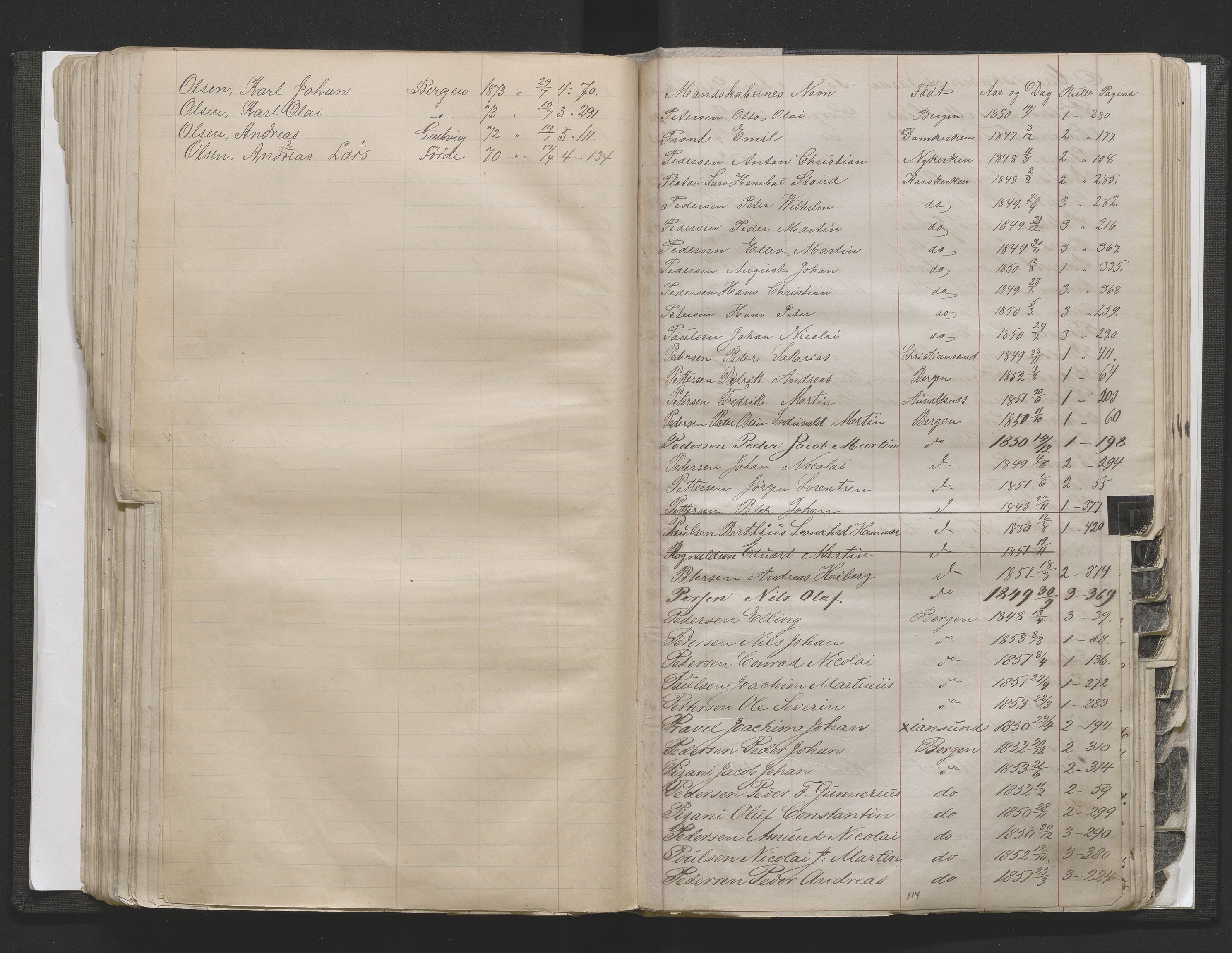 Bergens Krigskommisariat, AV/SAB-A-5103/H/Hj/Hjd/L0002: Register til Mannskapsrulle/militær loddtrekningsliste for Bergen (før nr 280), 1870-1895