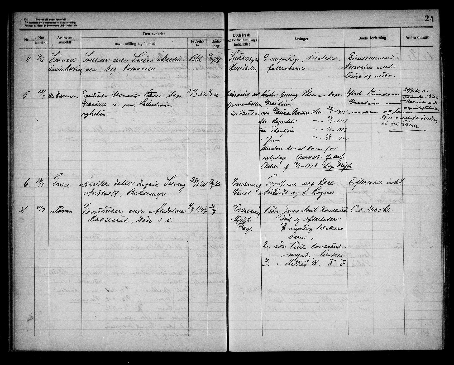 Lørenskog lensmannskontor, SAO/A-10551/H/Ha/L0001: Dødsfallsprotokoll, 1922-1933, s. 24