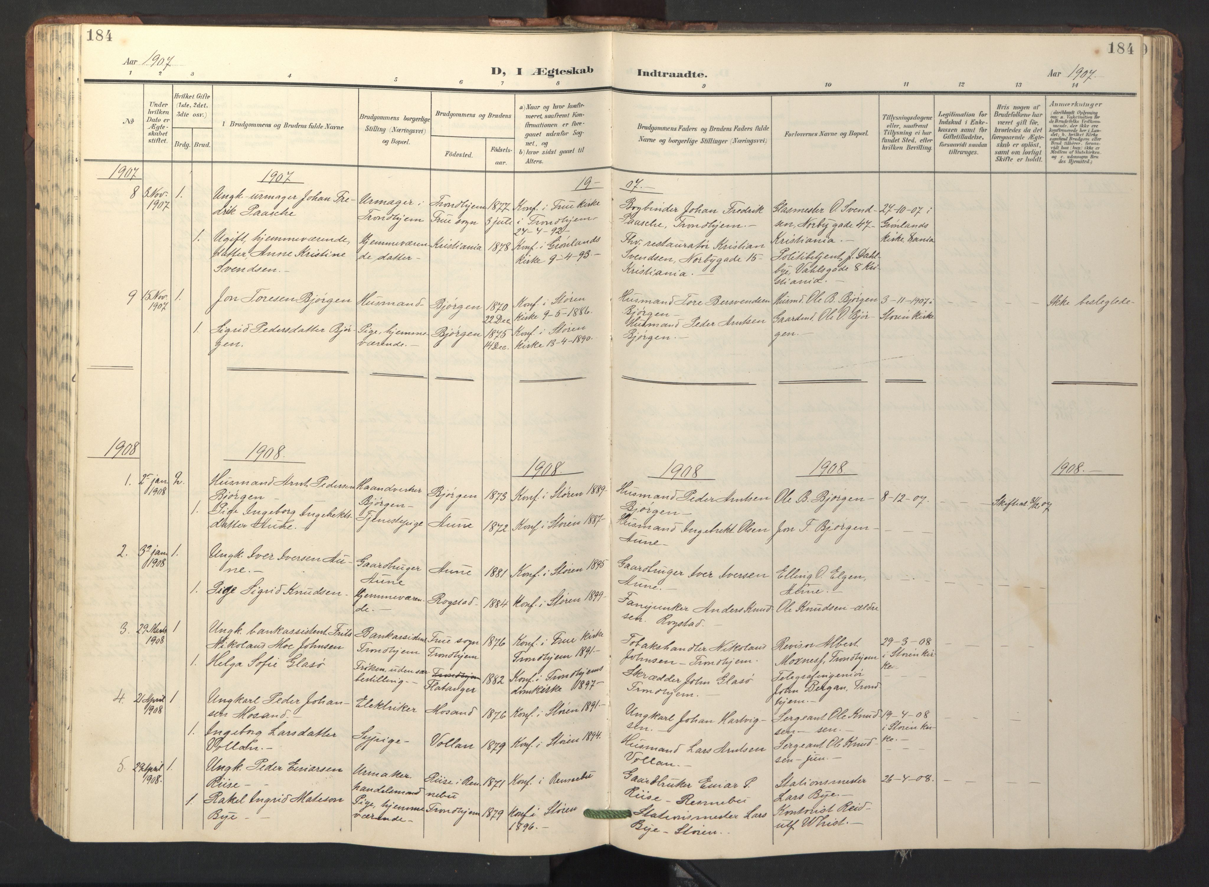 Ministerialprotokoller, klokkerbøker og fødselsregistre - Sør-Trøndelag, AV/SAT-A-1456/687/L1019: Klokkerbok nr. 687C03, 1904-1931, s. 184