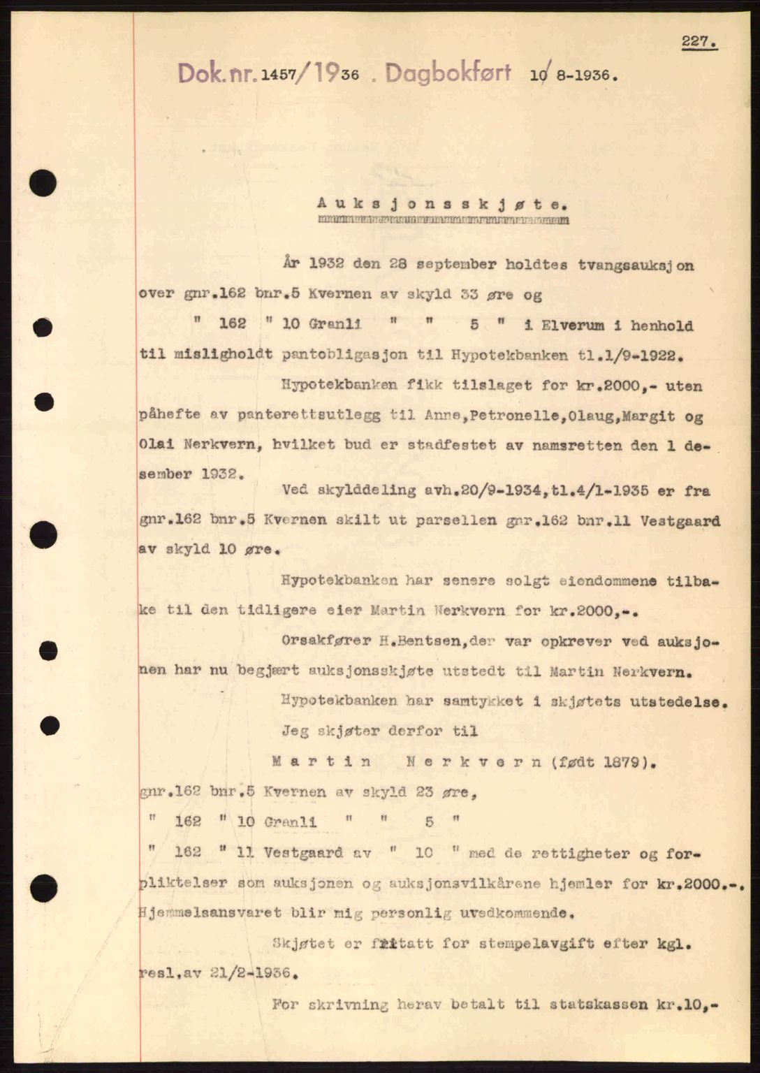 Sør-Østerdal sorenskriveri, SAH/TING-018/H/Hb/Hbb/L0054: Pantebok nr. A54, 1936-1936, Dagboknr: 1457/1936