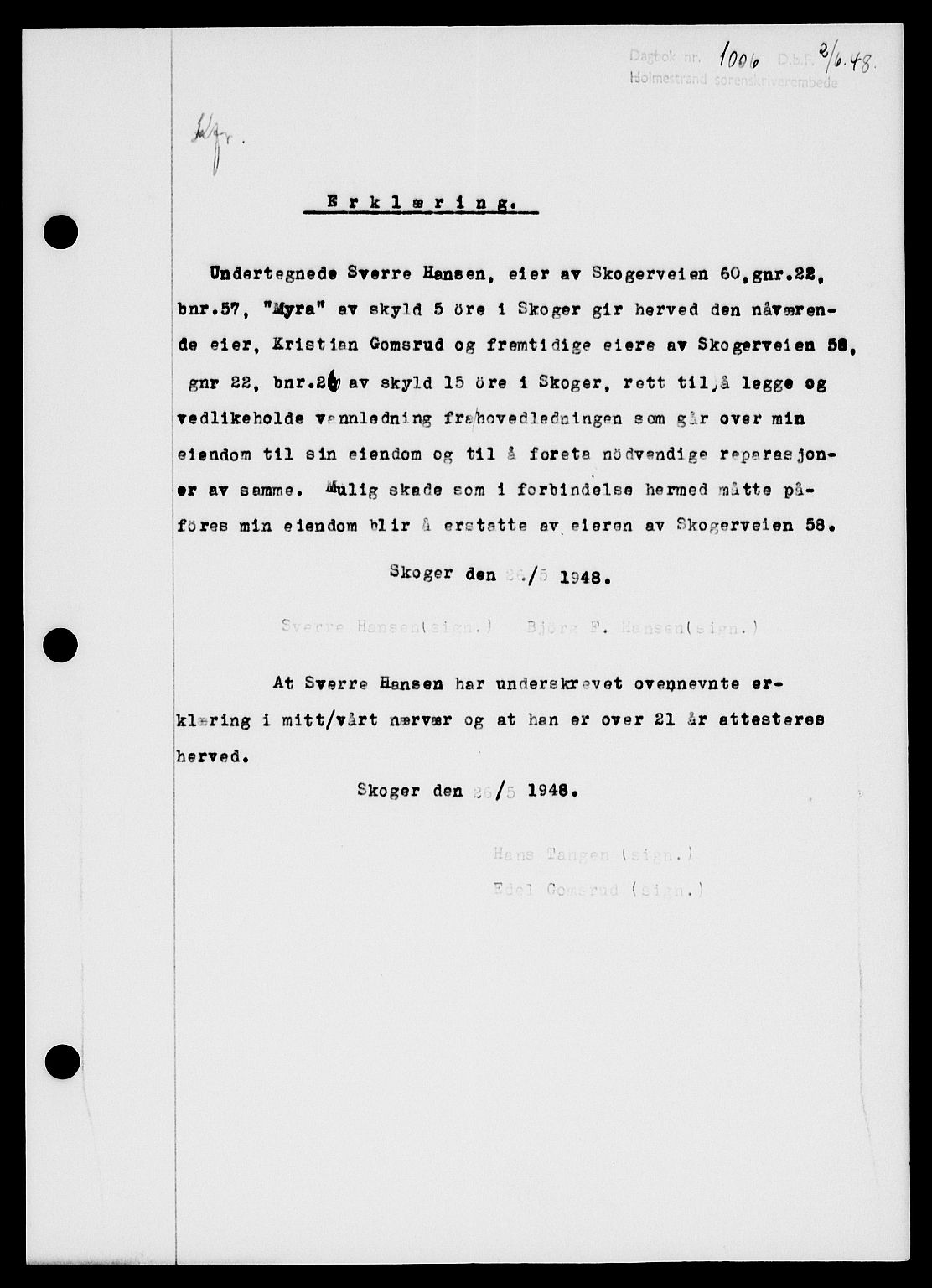 Holmestrand sorenskriveri, SAKO/A-67/G/Ga/Gaa/L0064: Pantebok nr. A-64, 1948-1948, Dagboknr: 1006/1948
