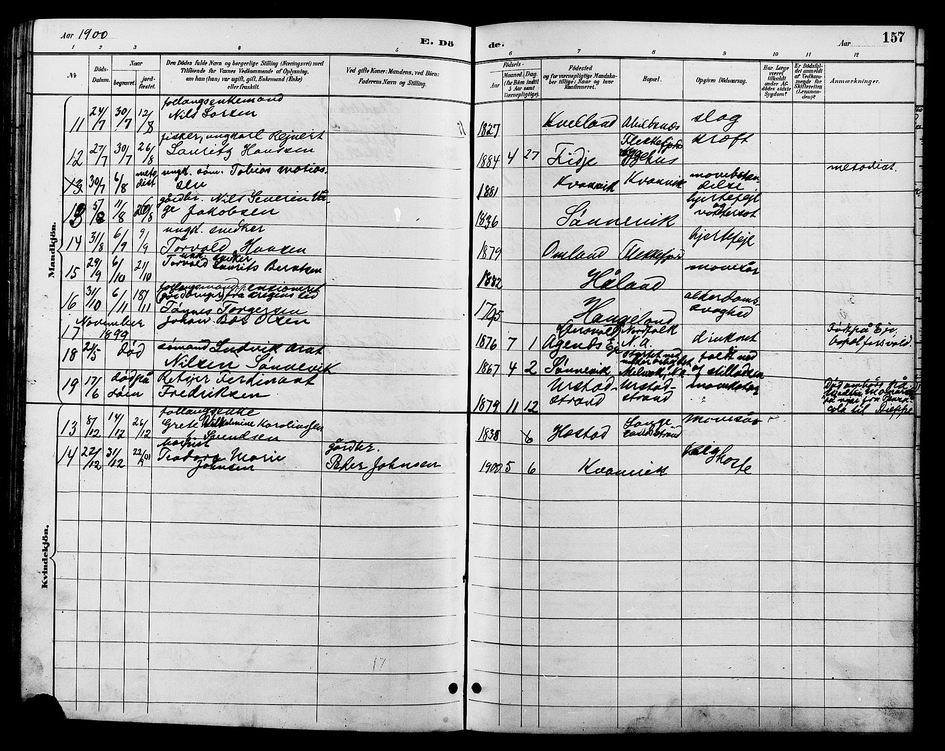 Flekkefjord sokneprestkontor, AV/SAK-1111-0012/F/Fb/Fbb/L0004: Klokkerbok nr. B 4, 1889-1907, s. 157