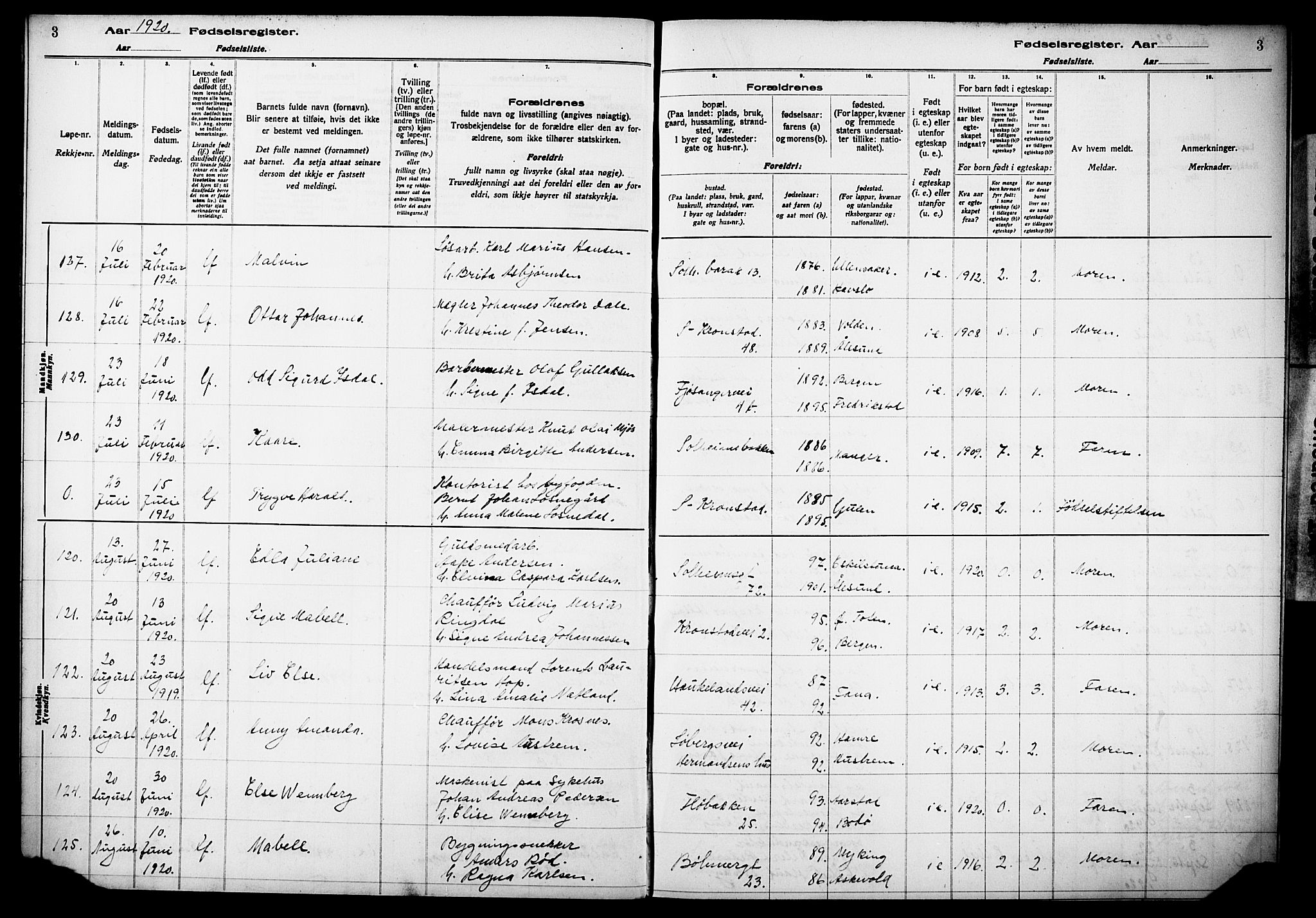 Årstad Sokneprestembete, AV/SAB-A-79301/I/Id/L0A02: Fødselsregister nr. A 2, 1920-1924, s. 3