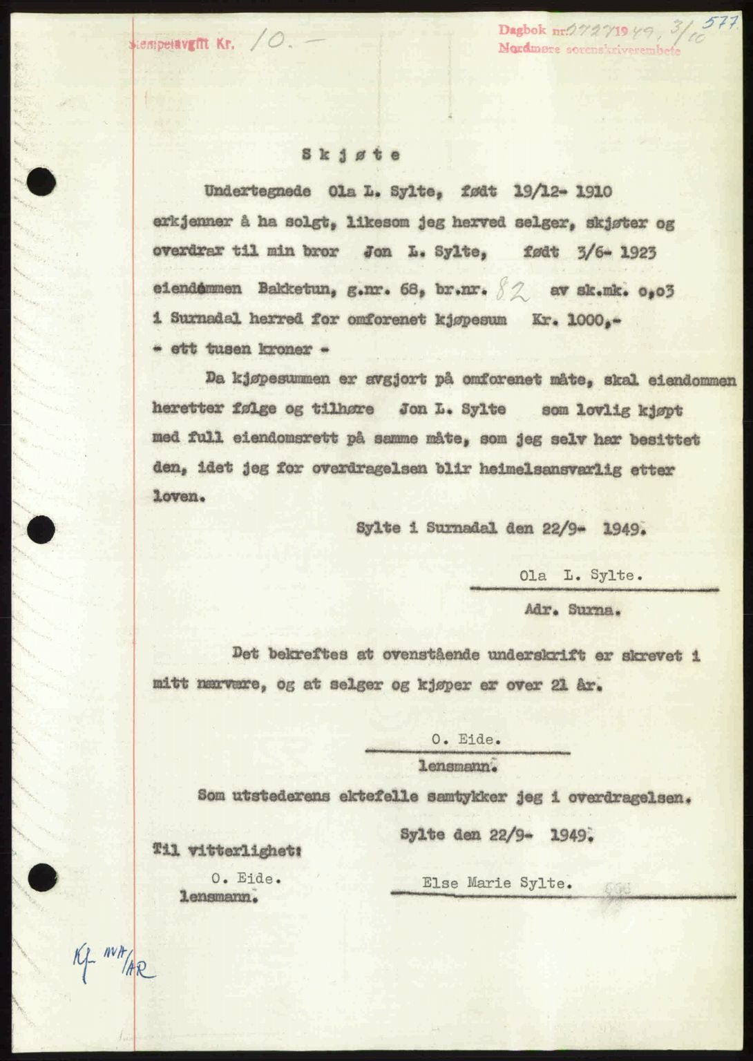 Nordmøre sorenskriveri, SAT/A-4132/1/2/2Ca: Pantebok nr. A112, 1949-1949, Dagboknr: 2727/1949