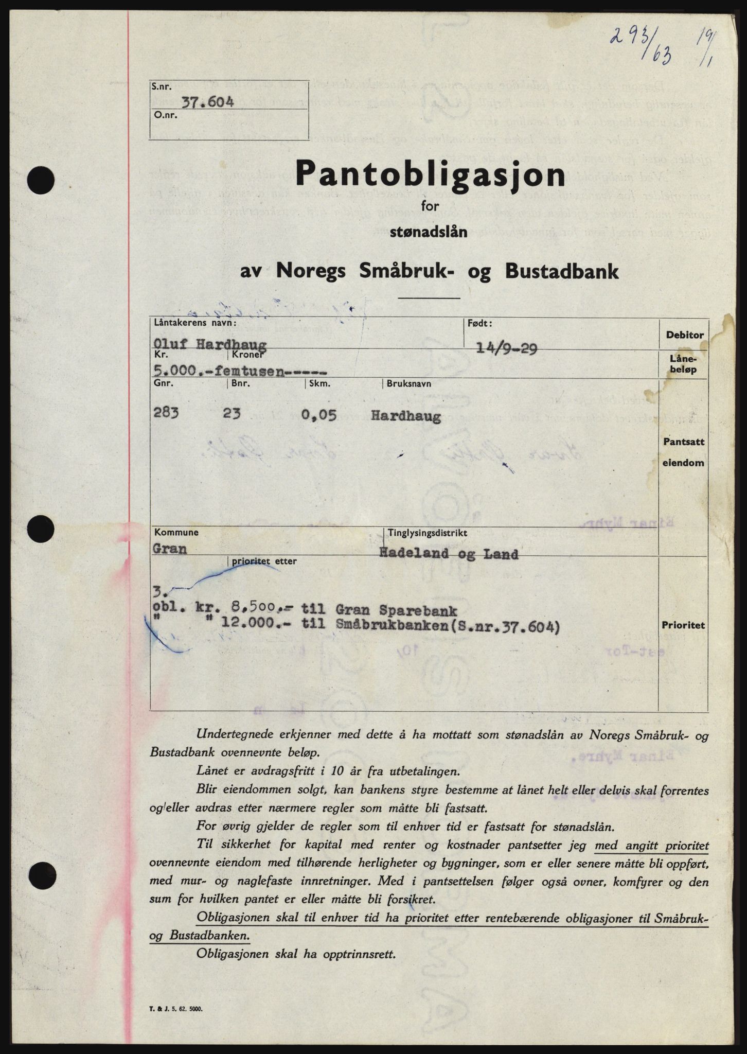 Hadeland og Land tingrett, SAH/TING-010/H/Hb/Hbc/L0050: Pantebok nr. B50, 1962-1963, Dagboknr: 293/1963