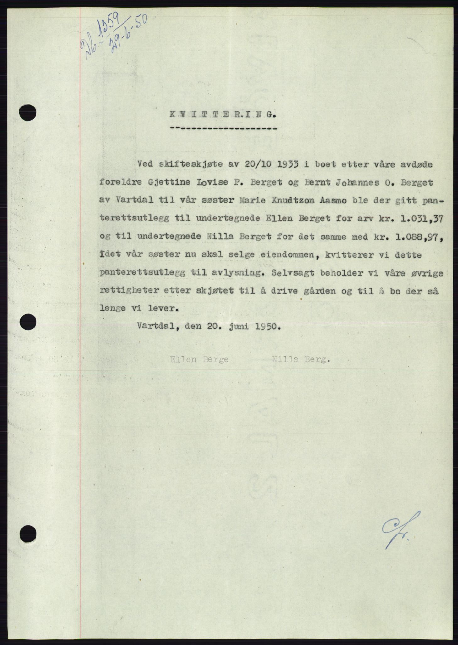 Søre Sunnmøre sorenskriveri, SAT/A-4122/1/2/2C/L0118: Pantebok nr. 6B, 1949-1950, Dagboknr: 1359/1950