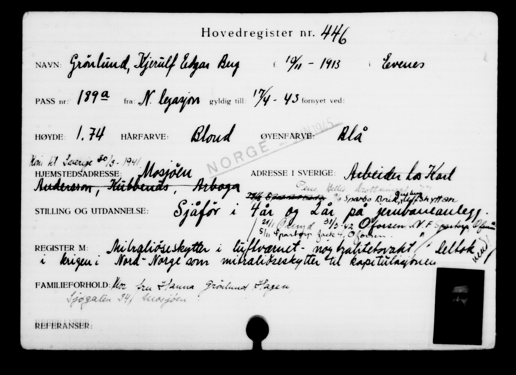 Utenriksstasjonene, Legasjonen i Stockholm, Flyktningkontoret, AV/RA-S-6753/V/Va/L0001: Kjesäterkartoteket, flyktninger med registreringsnr. 1-1000, 1940-1945, s. 692