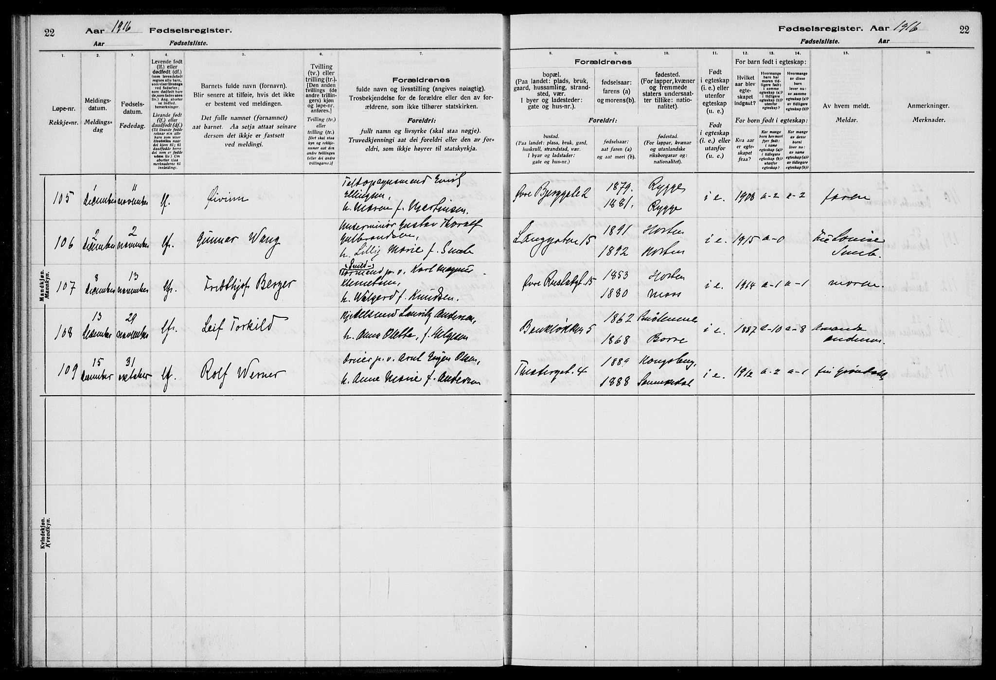 Horten kirkebøker, AV/SAKO-A-348/J/Ja/L0001: Fødselsregister nr. 1, 1916-1923, s. 22