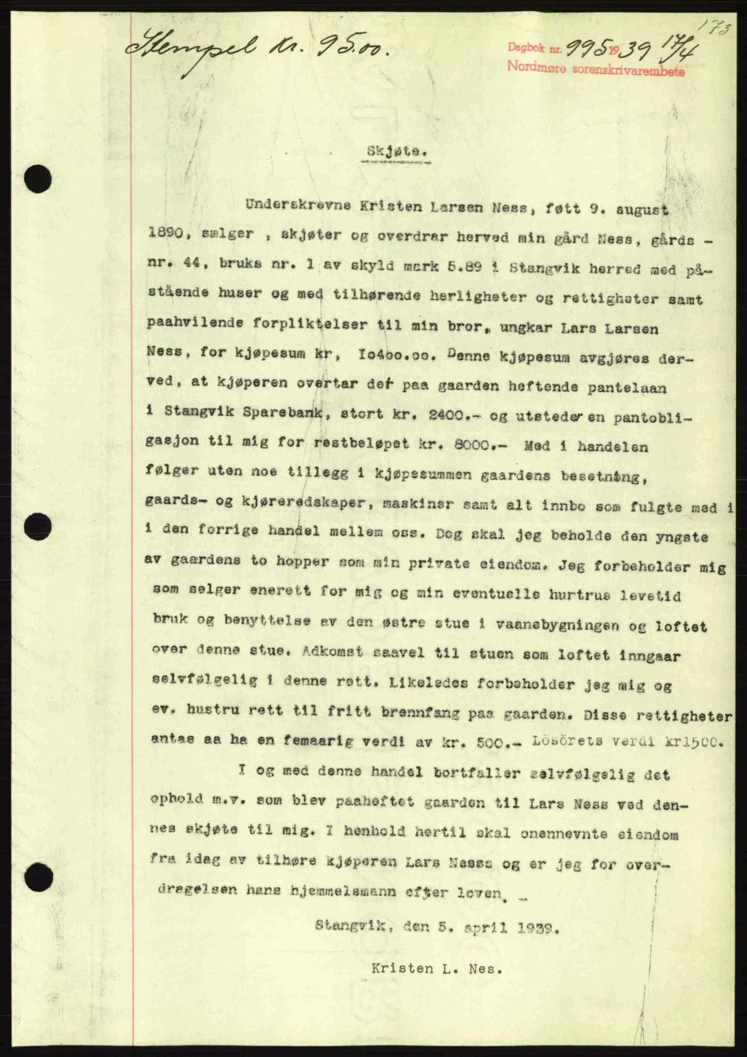 Nordmøre sorenskriveri, SAT/A-4132/1/2/2Ca: Pantebok nr. A86, 1939-1939, Dagboknr: 995/1939