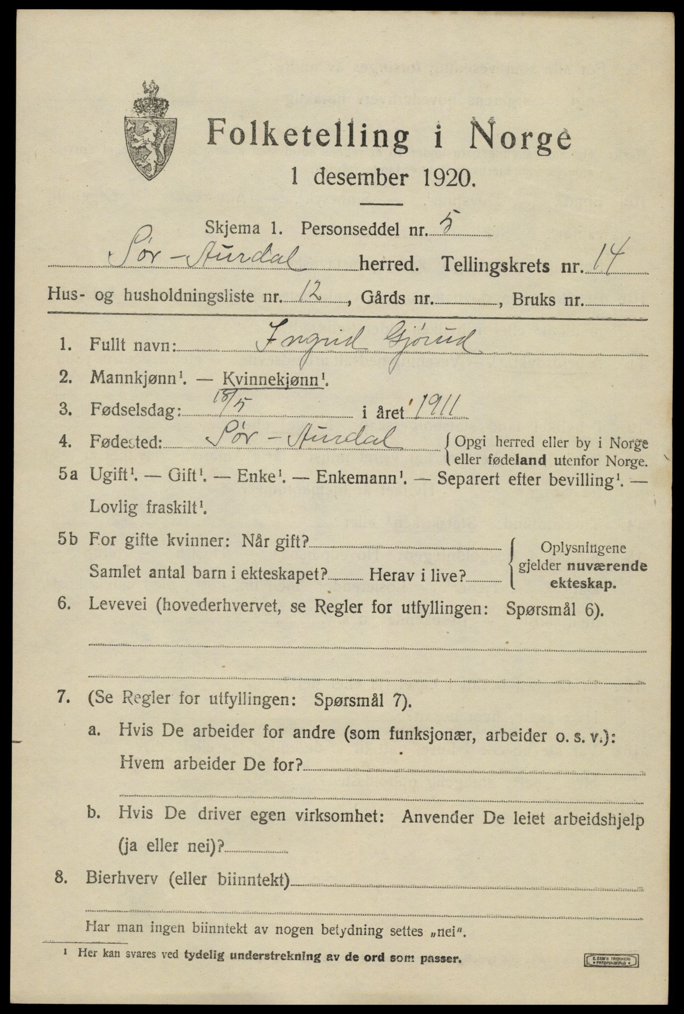 SAH, Folketelling 1920 for 0540 Sør-Aurdal herred, 1920, s. 8157