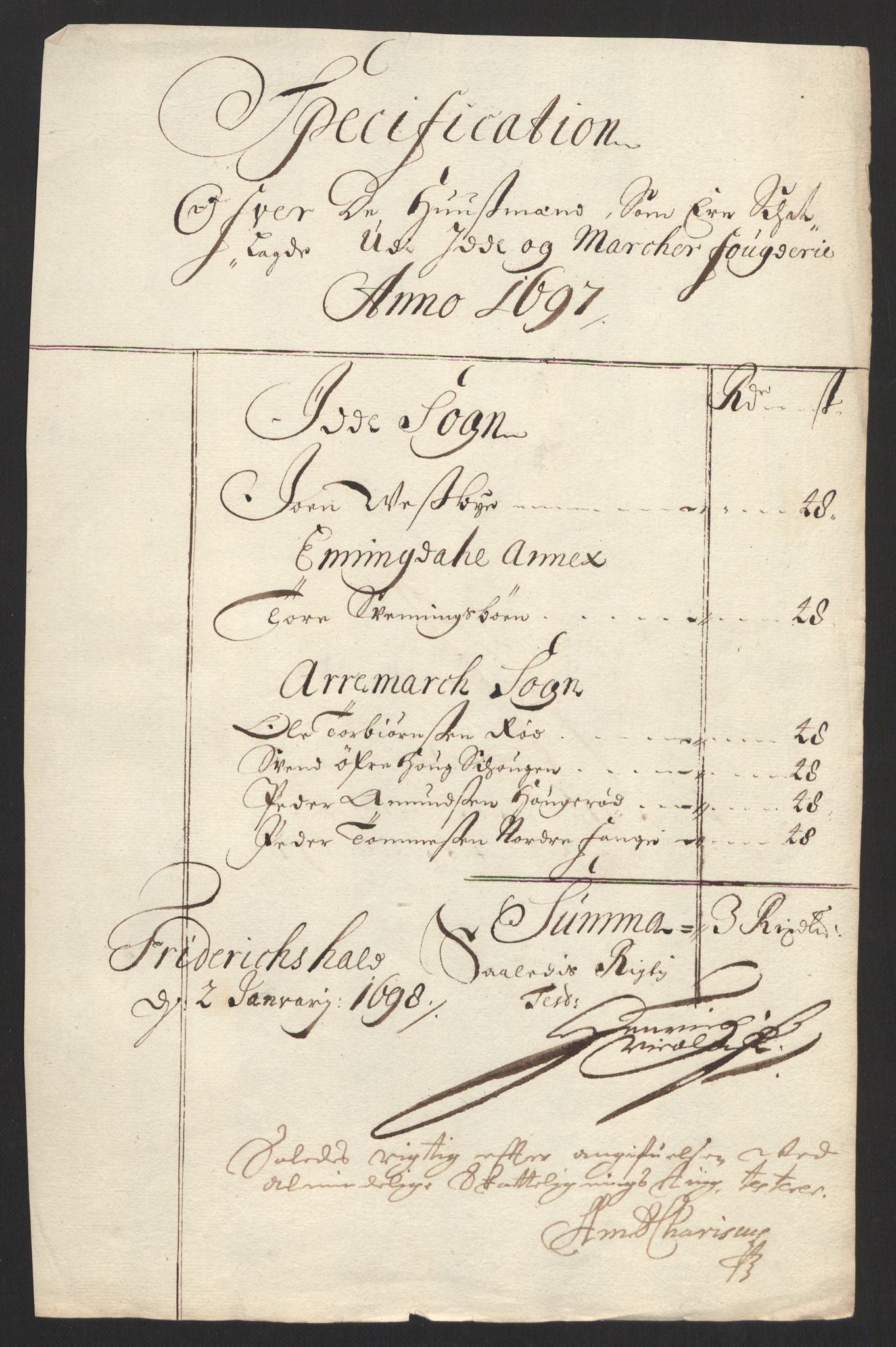 Rentekammeret inntil 1814, Reviderte regnskaper, Fogderegnskap, RA/EA-4092/R01/L0013: Fogderegnskap Idd og Marker, 1696-1698, s. 224