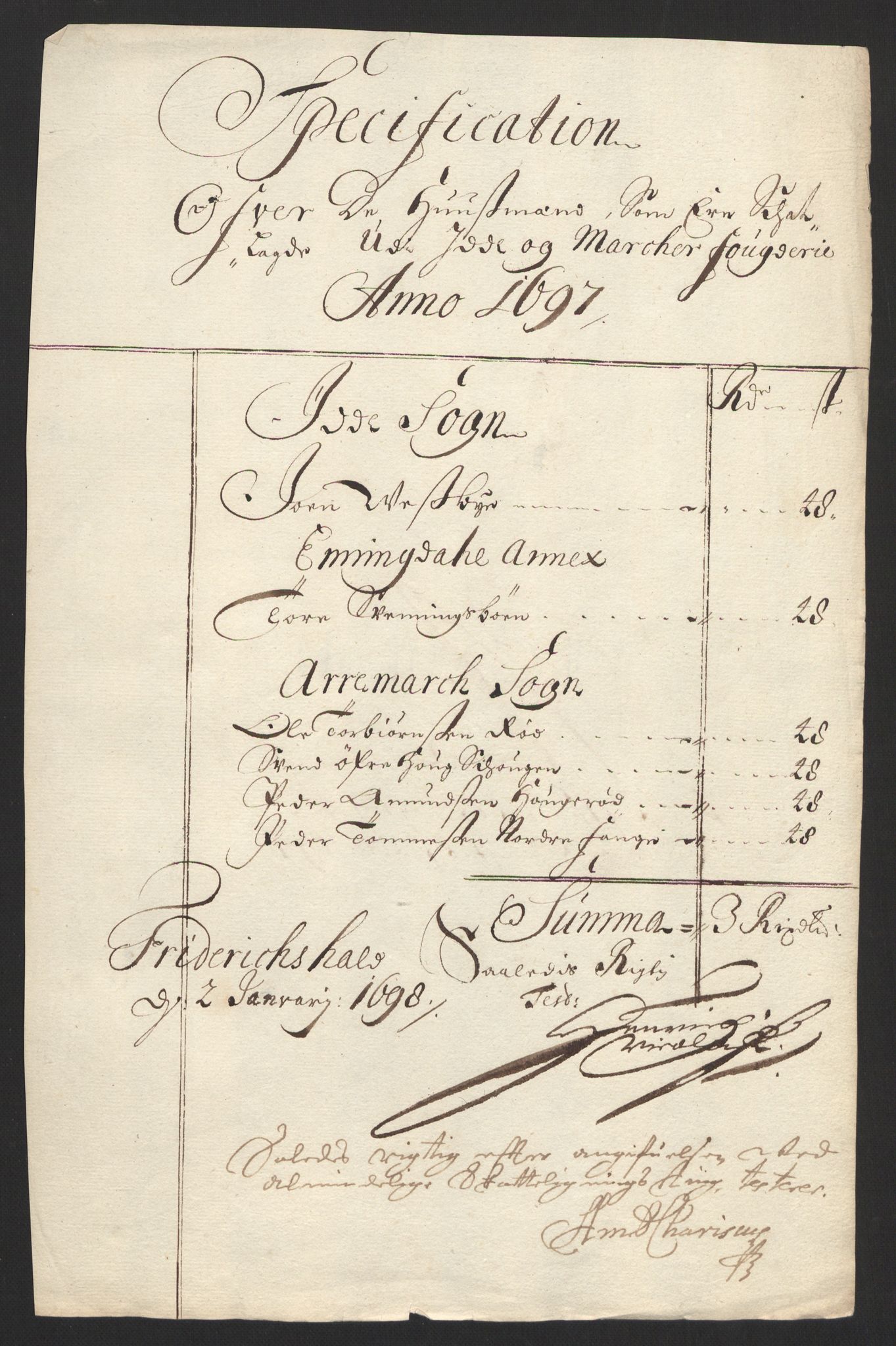 Rentekammeret inntil 1814, Reviderte regnskaper, Fogderegnskap, AV/RA-EA-4092/R01/L0013: Fogderegnskap Idd og Marker, 1696-1698, s. 224