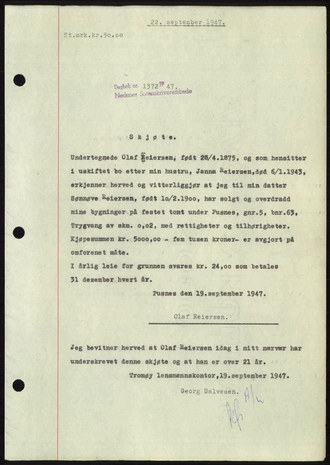 Nedenes sorenskriveri, AV/SAK-1221-0006/G/Gb/Gba/L0058: Pantebok nr. A10, 1947-1948, Dagboknr: 1372/1947